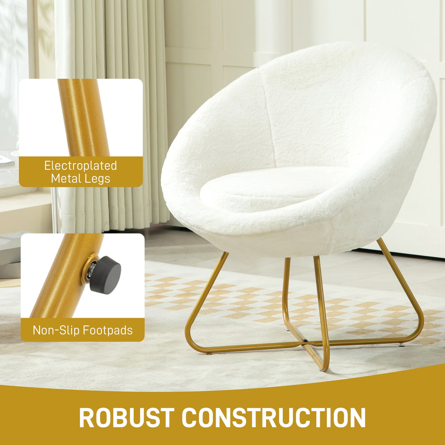 HOMCOM Faux Fur Accent Chair with Golden Legs, Upholstered Seat Cushion, White