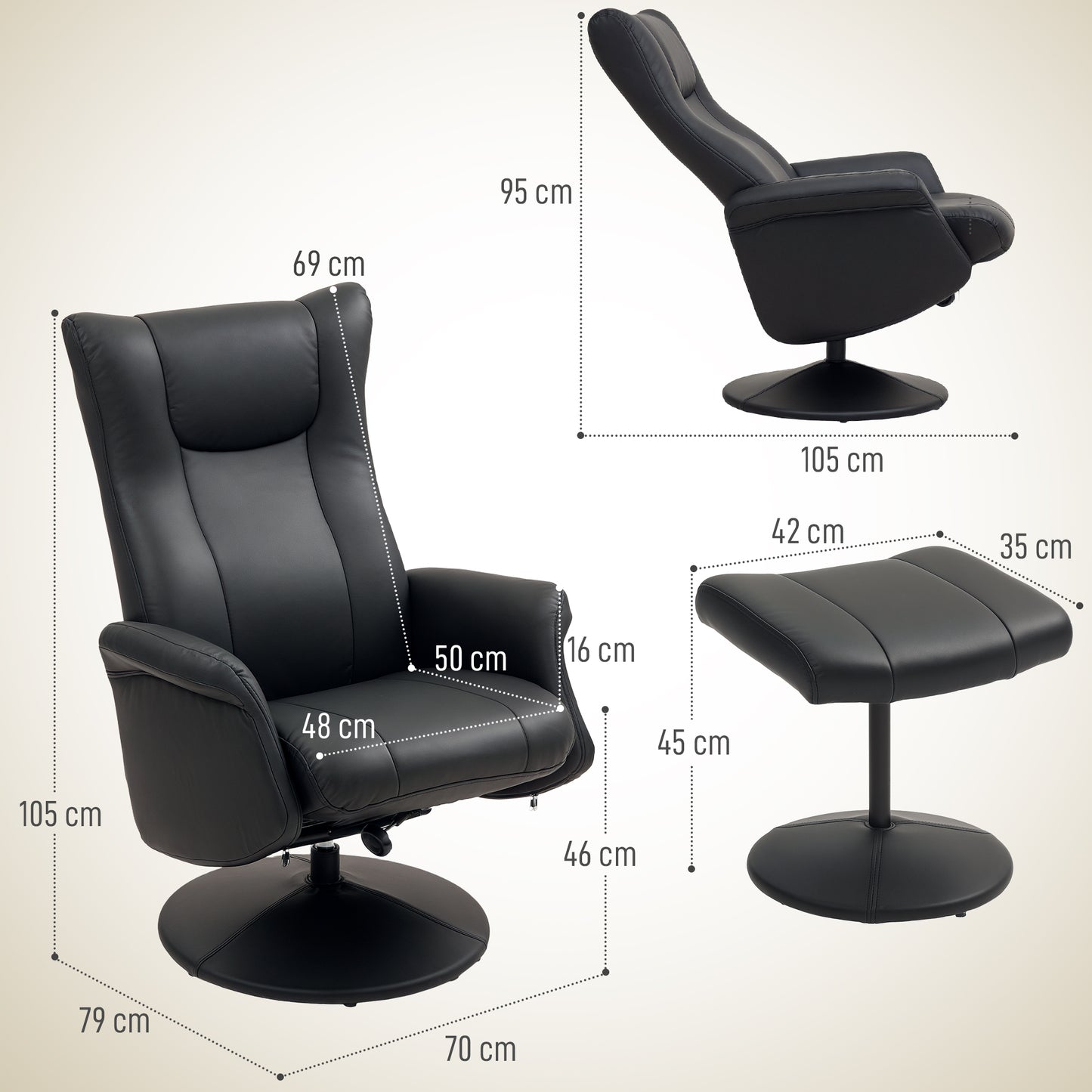 HOMCOM Swivel Recliner Chair with Footstool, PU Leather Adjustable Recliner Armchair, Steel Frame, Flared Armrests for Living Room, Black