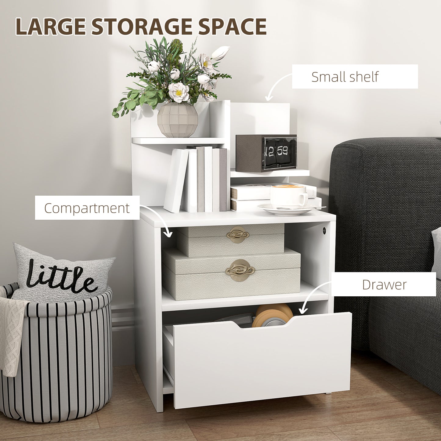HOMCOM Modern Bedside Table, Nightstand with Drawer, Shelf, Bedside Cabinet for Bedroom, Living Room, White