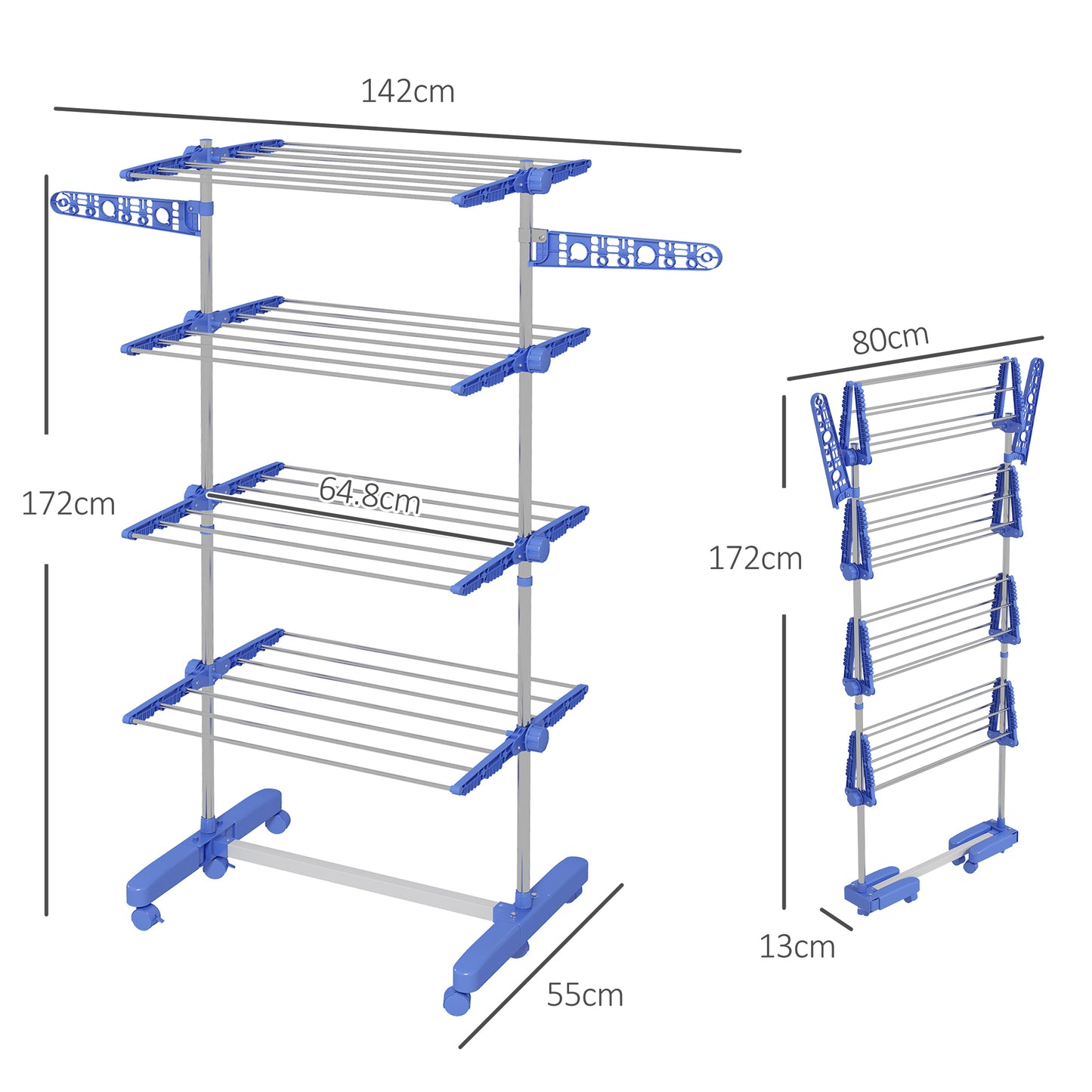 HOMCOM Four-Shelf Collapsing Clothes Horse, With Side Arms and Wheels - Blue