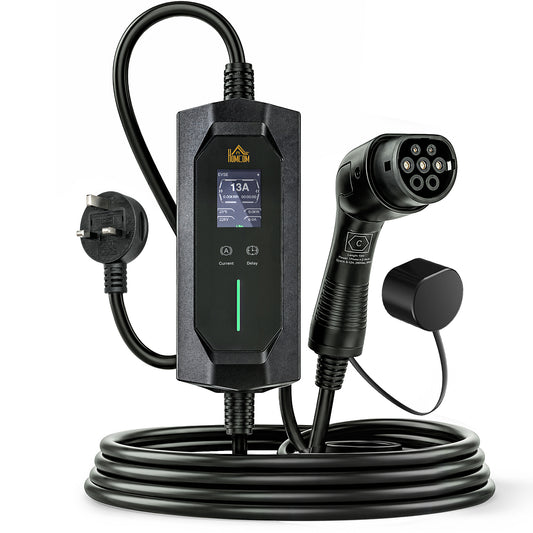 HOMCOM EV Charger Type 2 to 3 Pin Plug, 10 m, 2.8 kW, 6-13 A, Electric Car Charger Type 2 Charging Cable w/ 1-12 h Time Delay