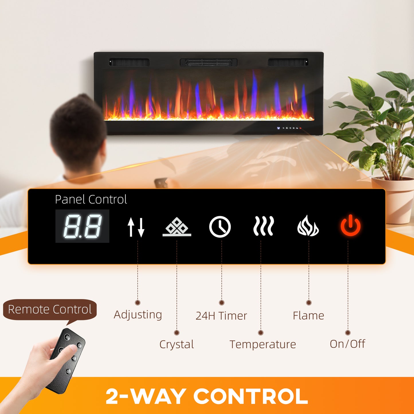 HOMCOM 50" Ultra-Slim Electric Fireplace, Wall Mounted and Recessed, 900W/1800W