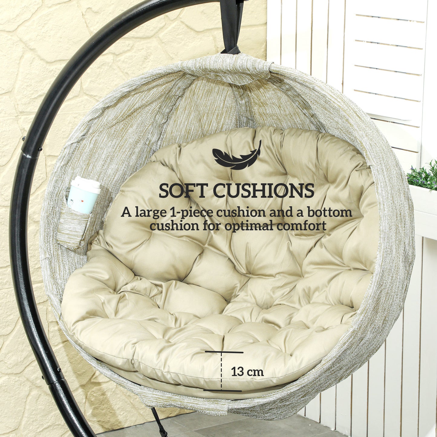 Outsunny Hanging Egg Chair: Indoor/Outdoor Swing with Stand, Cushion, Cup Holder for Patio/Balcony, Khaki