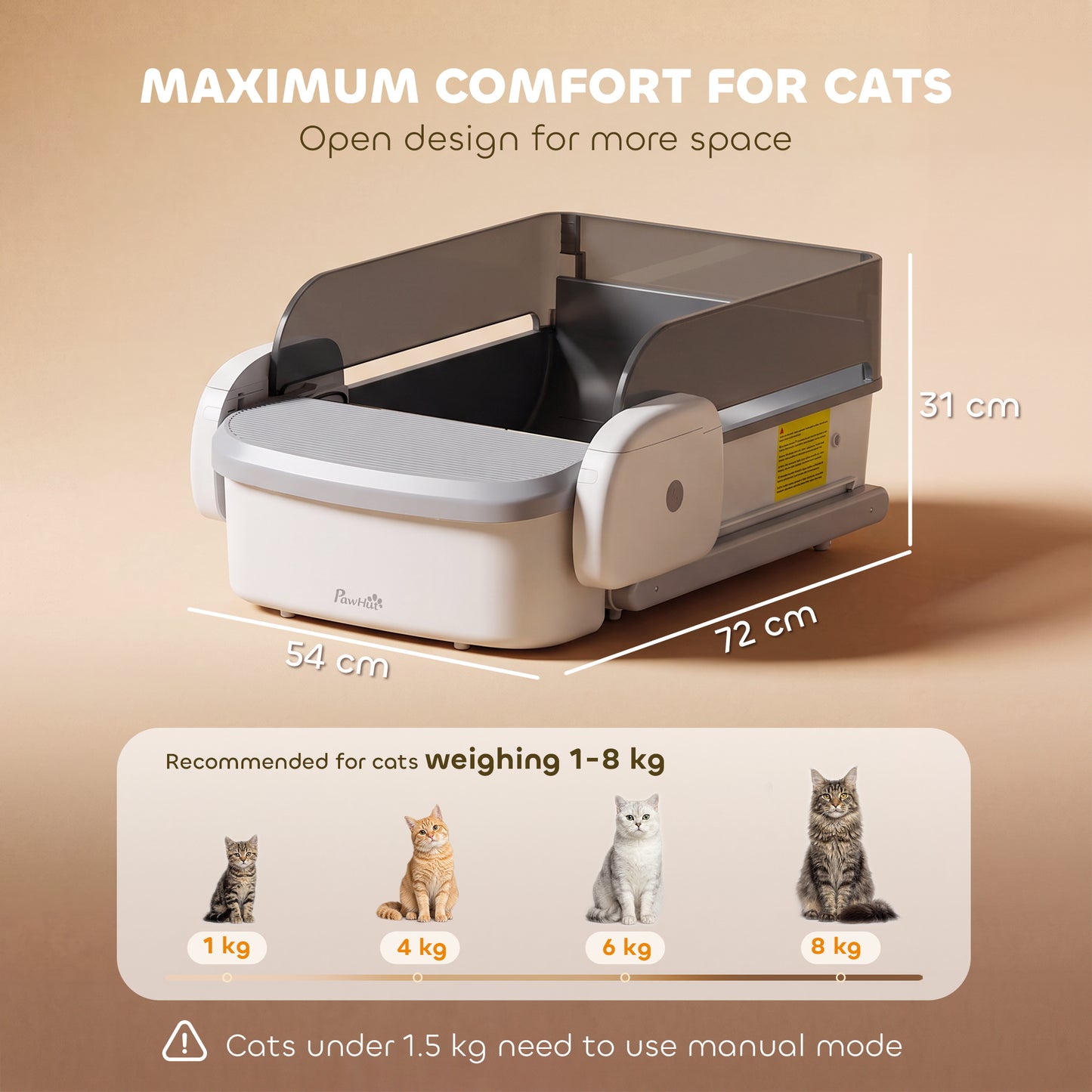 PawHut Self Cleaning Cat Litter Tray, Open-Top Automatic Litter Box with APP Control, Clumping Rake, 10L Waste Bin