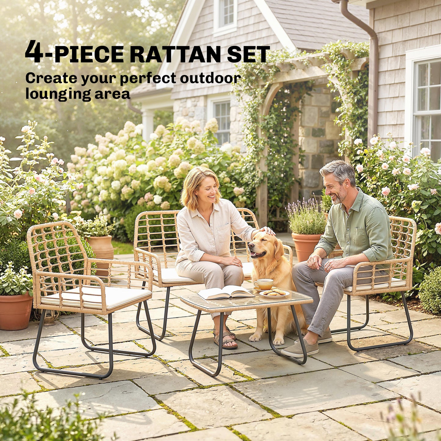 Outsunny 4 Piece Rattan Garden Furniture Set, Outdoor Patio Furniture, Armchairs and Coffee Table