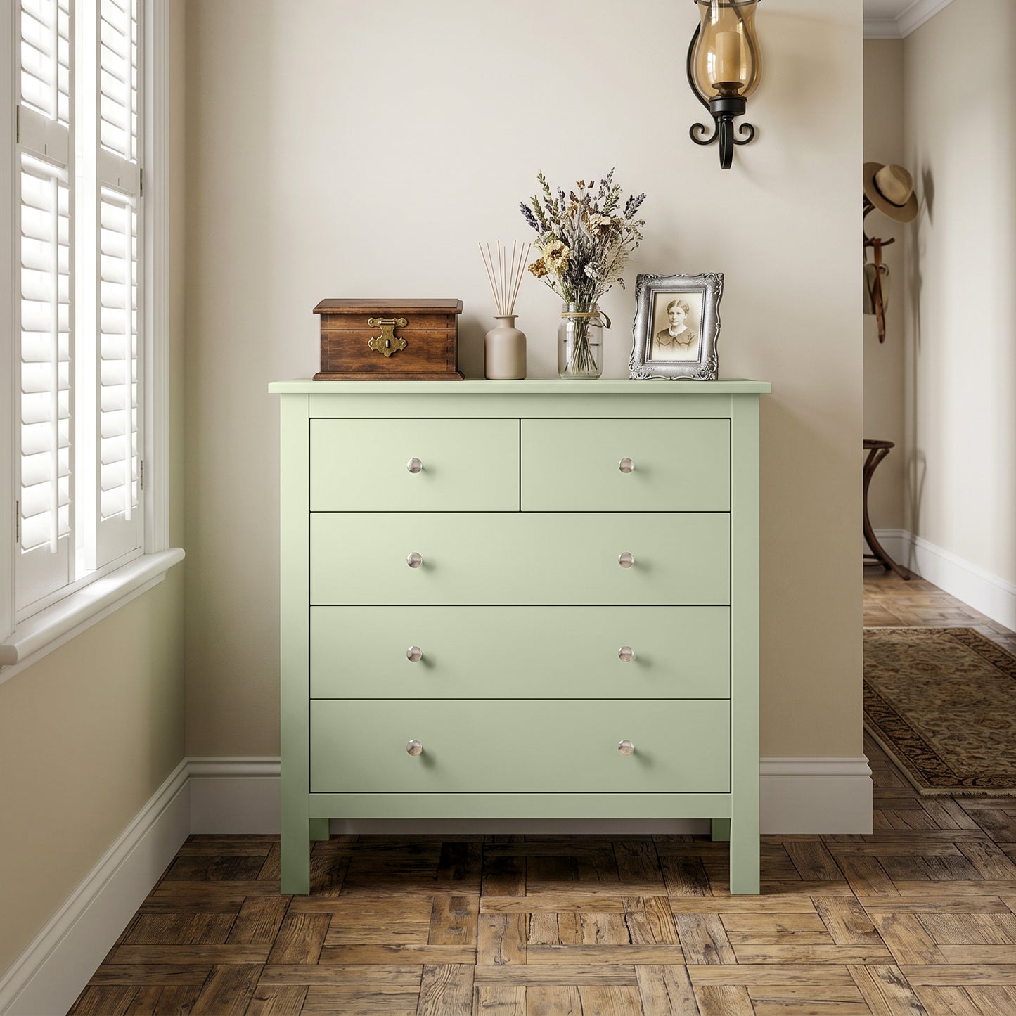 HOMCOM 5 Drawer Chest of Drawers, Sage Green