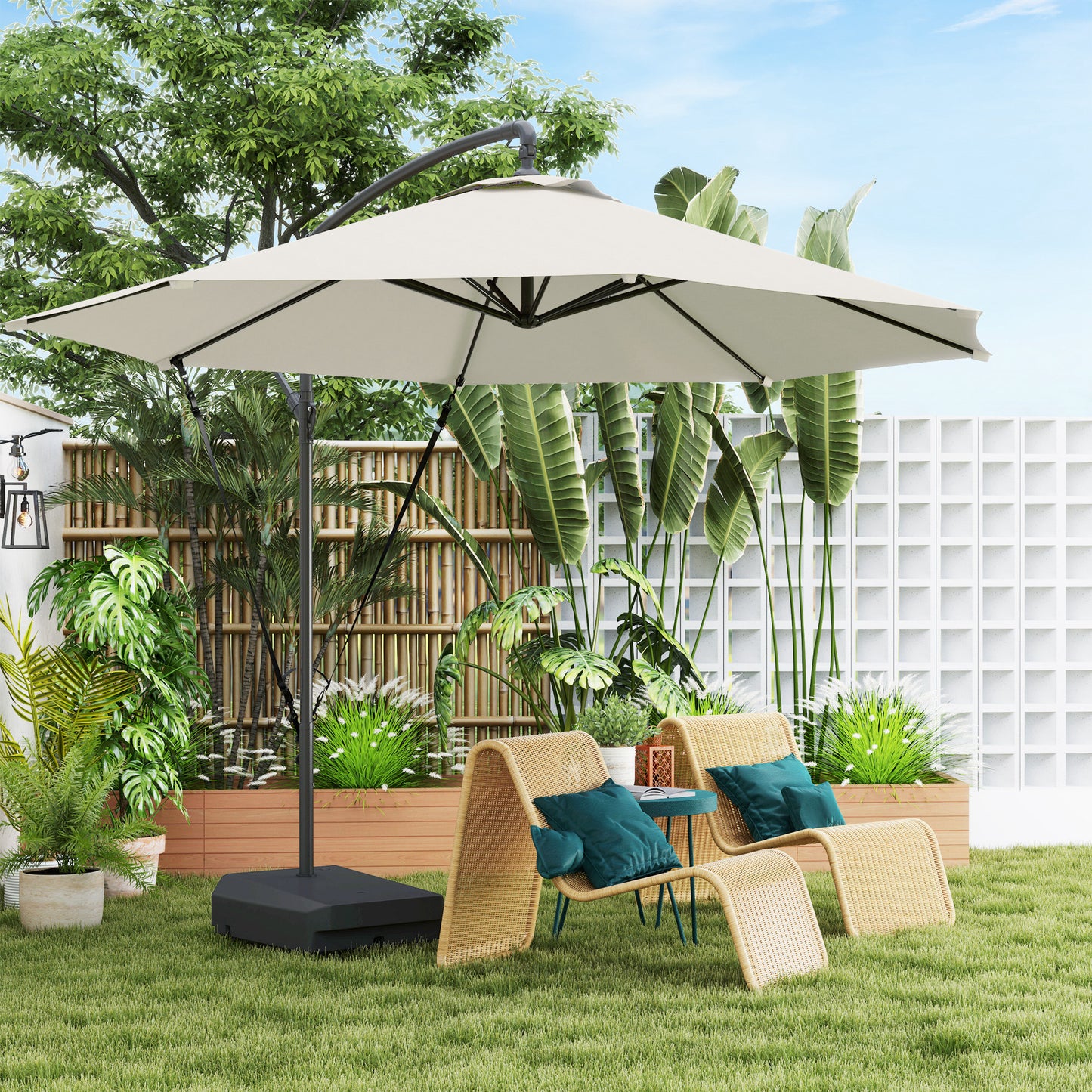 Outsunny Garden Cantilever Parasol with Fillable Base, Wind Strap, Cover, Crank Handle, Tilt, UPF50+, Patio Umbrella, Cream