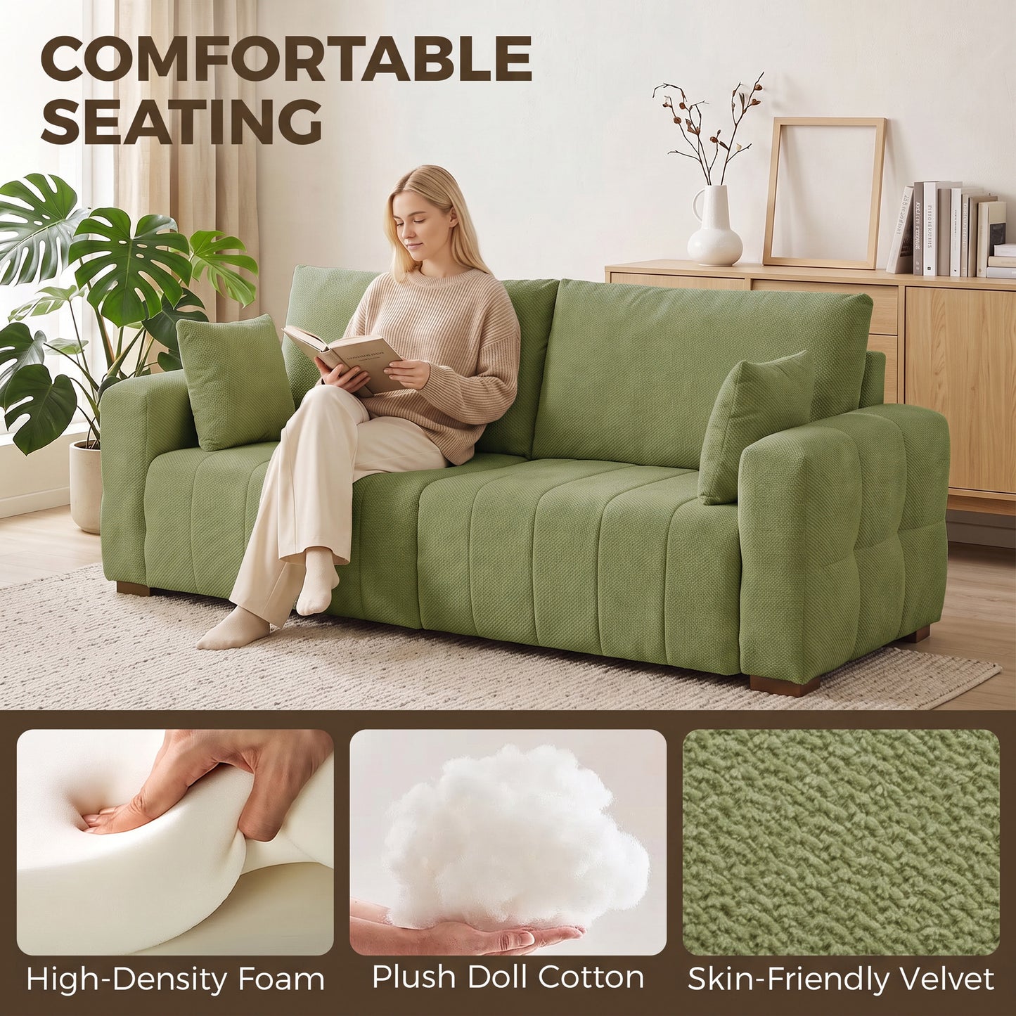 HOMCOM 3 Seater Sofa, Upholstered Velvet Couch for Bedroom with Pillows, Padded Cushion and Wood Legs, Green