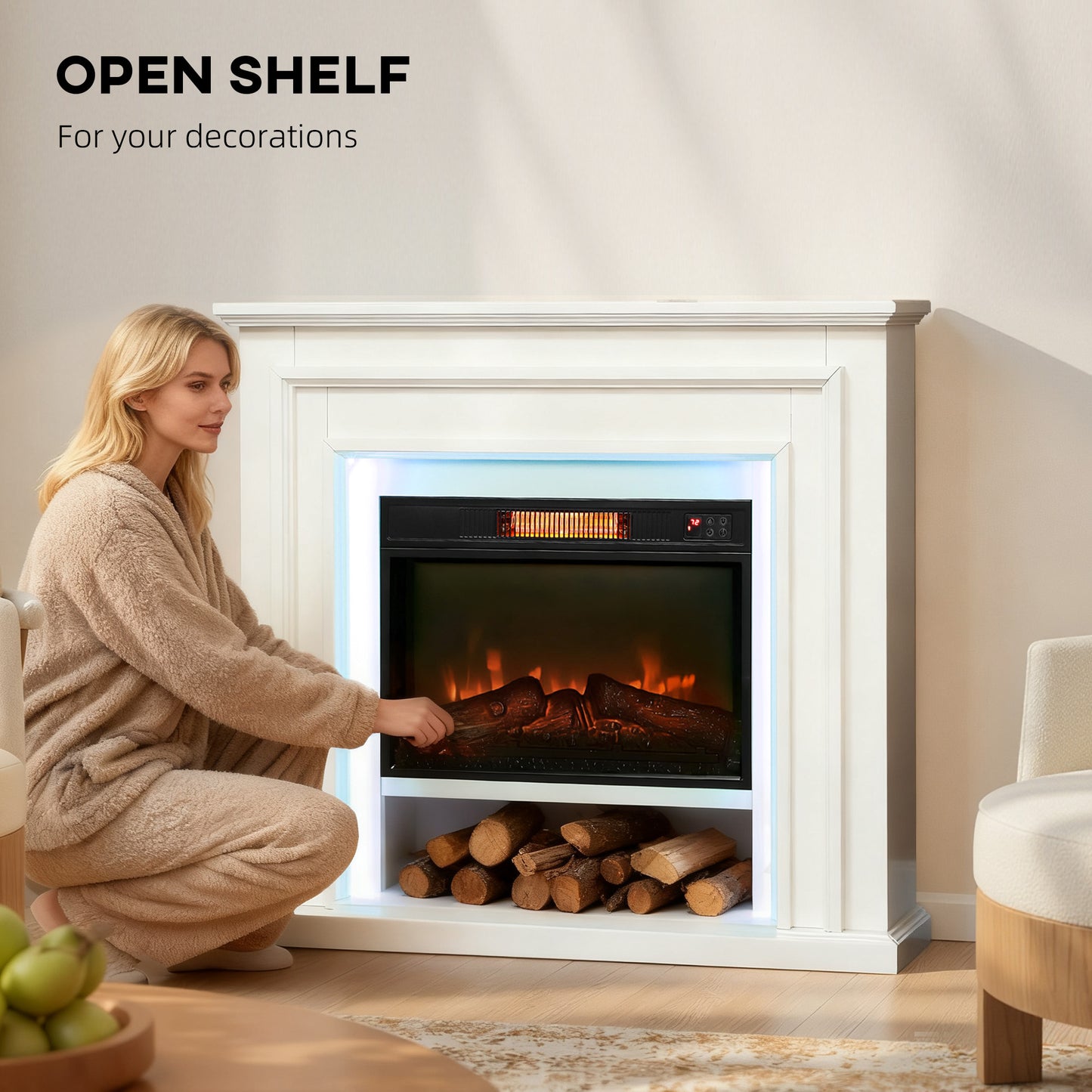 HOMCOM Electric Fireplace, RGB LED, Real Flame, 3 Brightness, 1800W, 30m² Coverage, Remote & Timer, Inset Fire & Mantel for Living Room, White