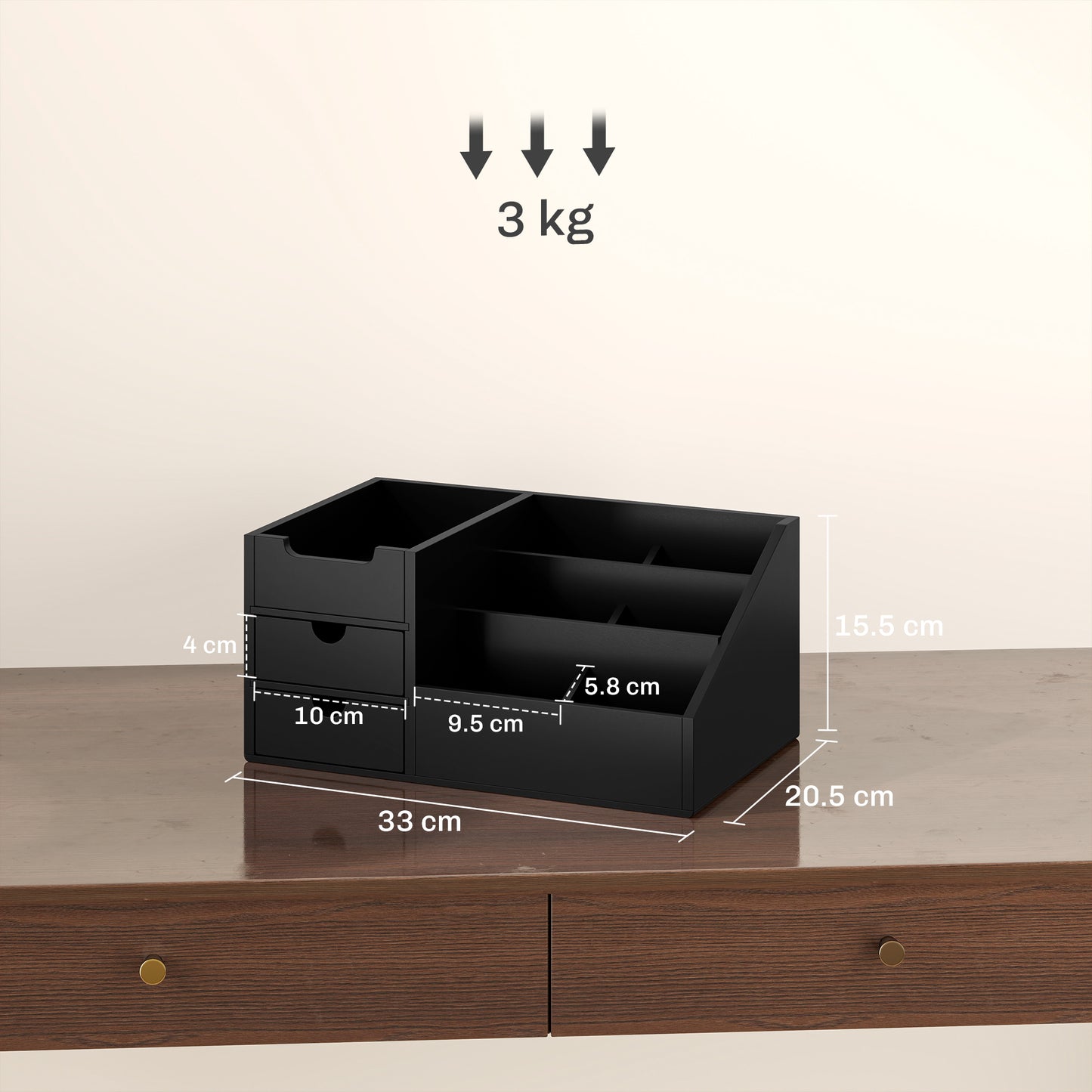 HOMCOM Desk Organiser, Bamboo Storage Caddy with 7 Compartments and 2 Drawers for Home Office Supplies, Black