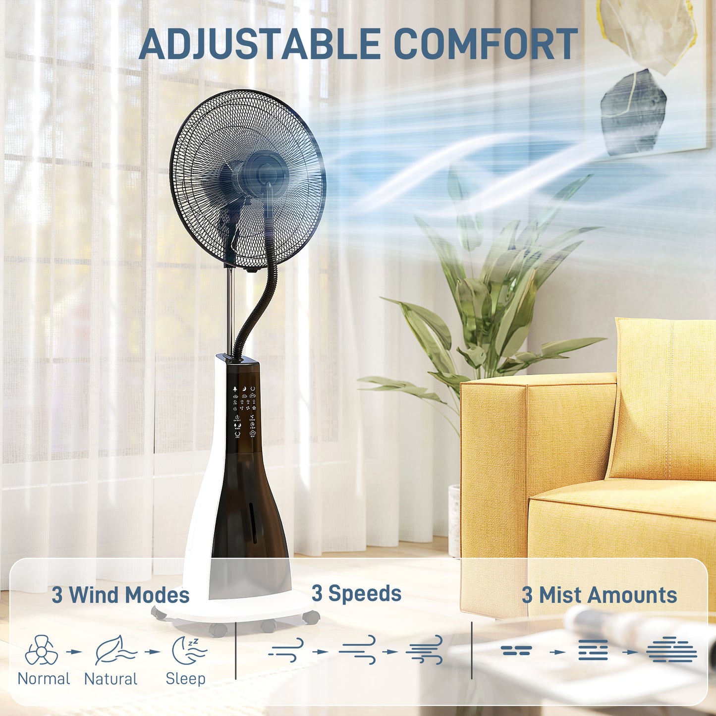 HOMCOM Pedestal Fan with Water Mist, 75° Oscillation, Tilt Head, 3 Speeds, 3 Modes, 3L Tank, Wheels, 125 cm, for Home, White