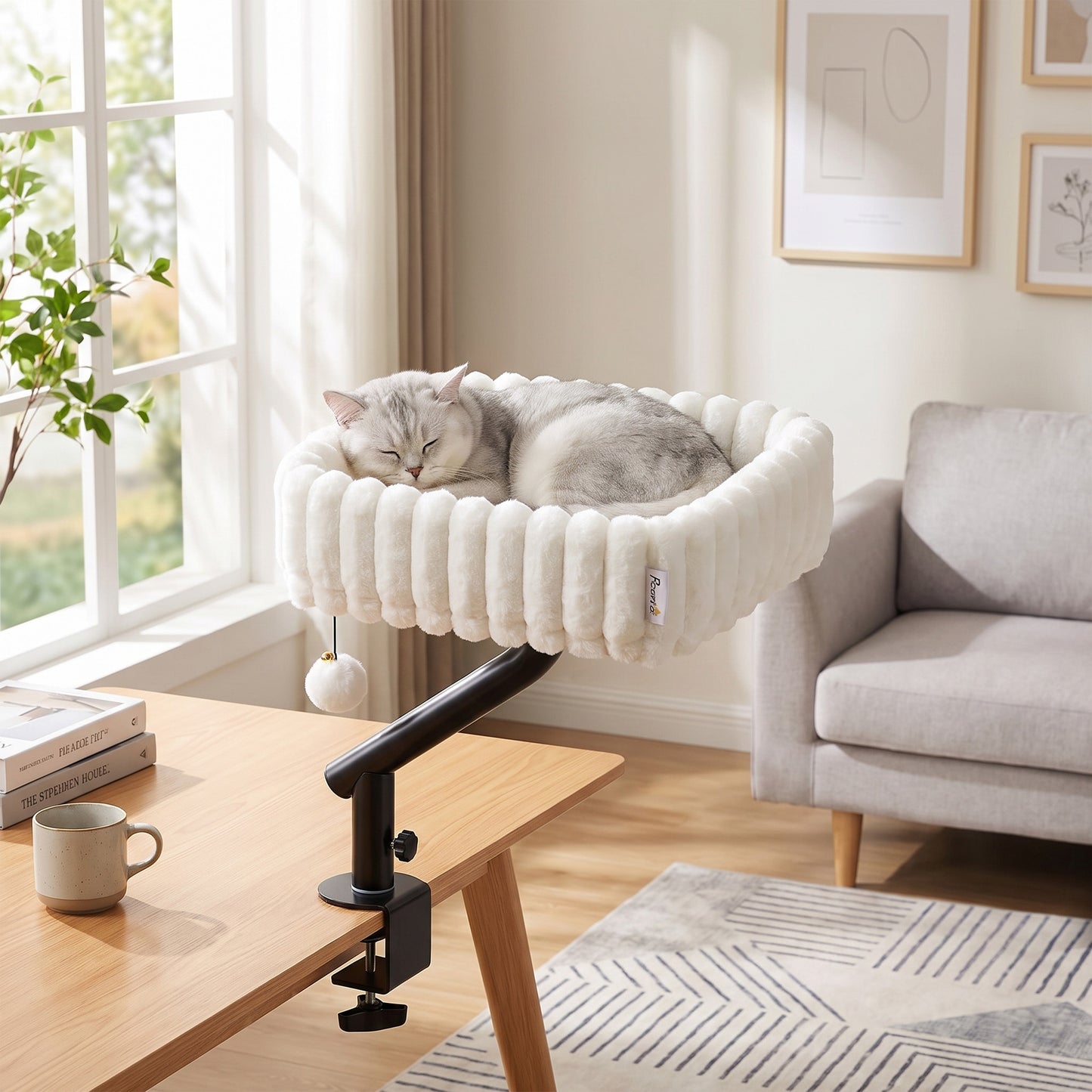 PawHut Cat Desk Bed, Rotatable Raised Cat House for Desk, Window, Soft Kitten Hammock with Hanging Ball, White