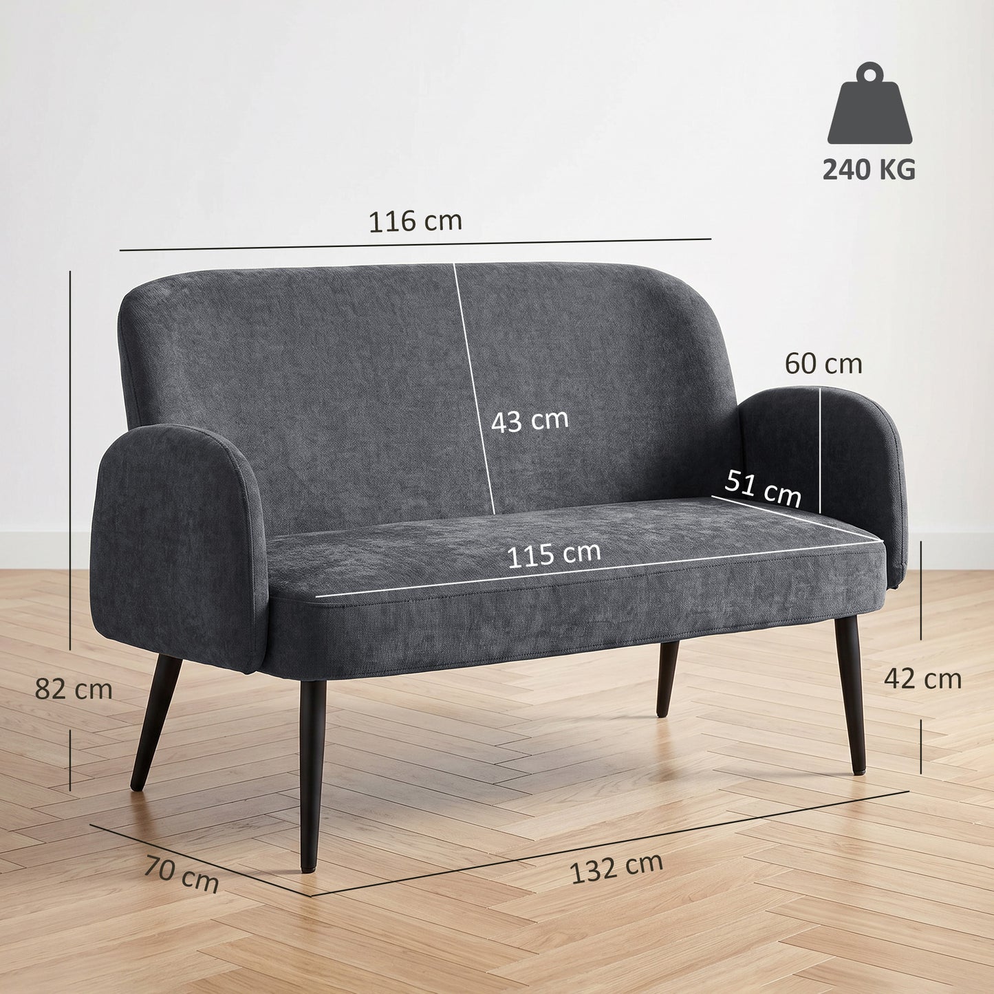 HOMCOM 132cm 2 Seater Sofa, Velvet Comfy Small Sofa Couch with Wide Seat, Thick Padding, Tapered Metal Legs, Dark Grey