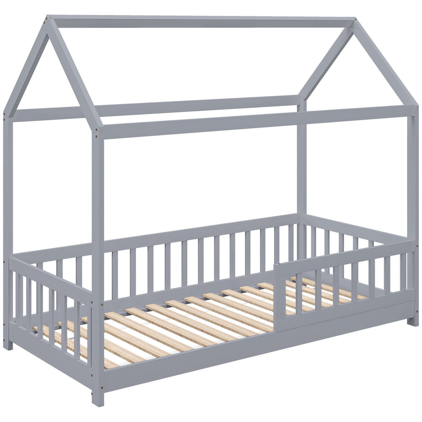 HOMCOM House-Shaped Kids Bed Frame with Guard Rails, Solid Pine Wood Single Bed Frame for Kids Boys and Girls, Grey