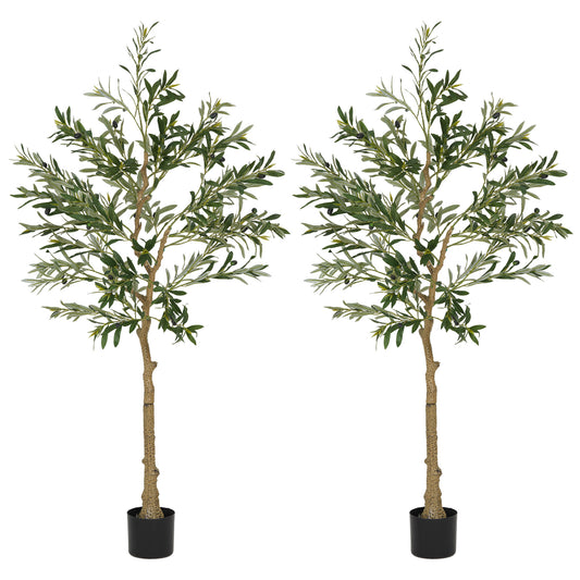 HOMCOM Set of 2 Artificial Silk Olive Trees in Pot, 5ft/150cm with 720 Leaves and 32 Olives for Indoor Decor, Home or Office, Green