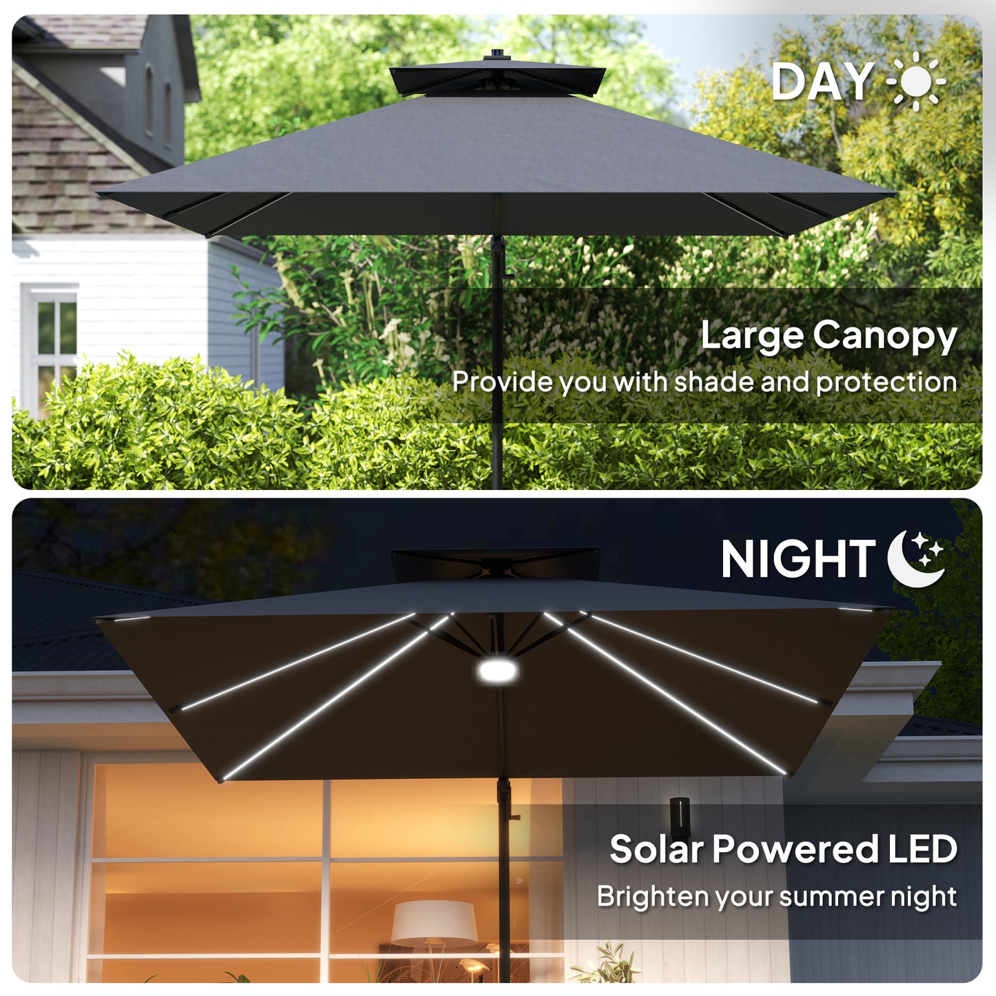 Outsunny 2.5m Cantilever Parasol with Solar Powered LED Lights, 360° Rotation, Tilt Adjustment, Crank Handle, Dark Grey