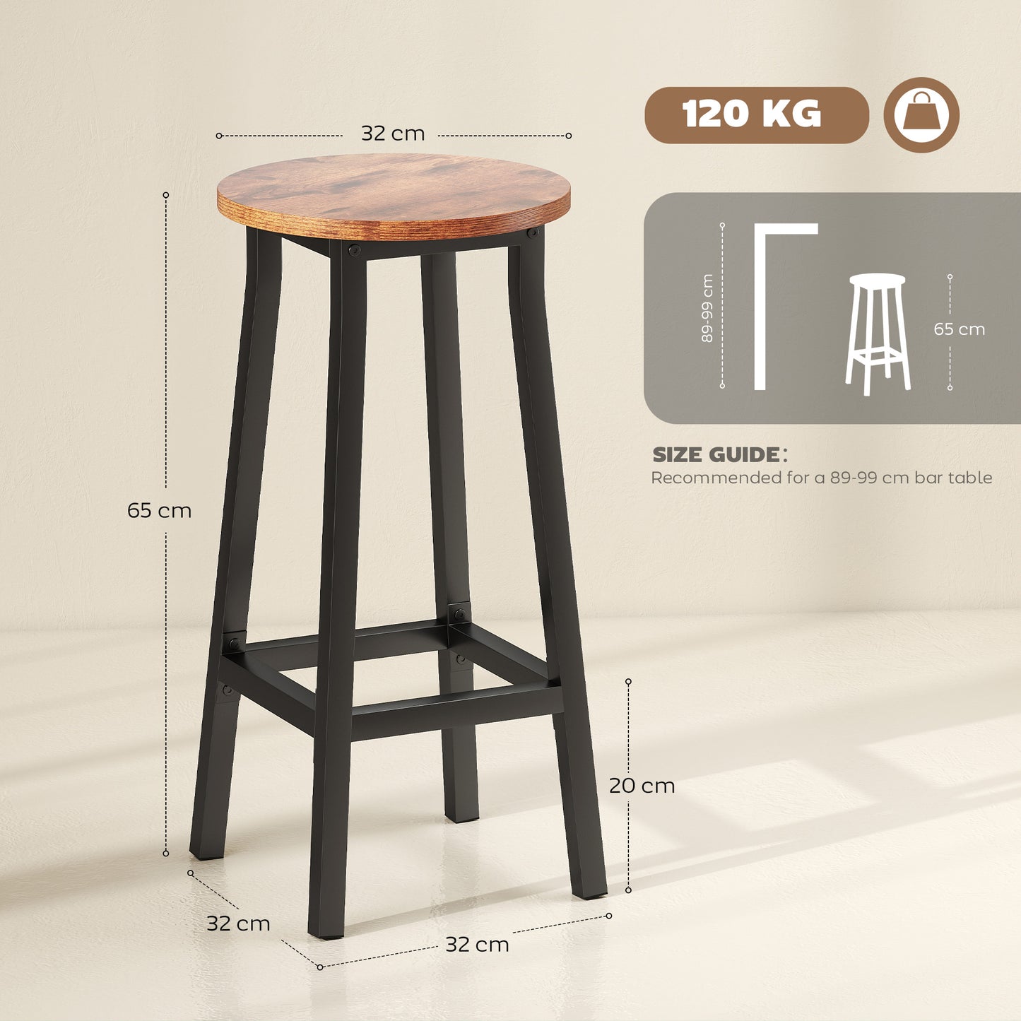 HOMCOM Bar Stools Set of 2 Breakfast Bar Stools with Footrest, Industrial Round, 32 x 32 x 65 cm, Rustic Brown