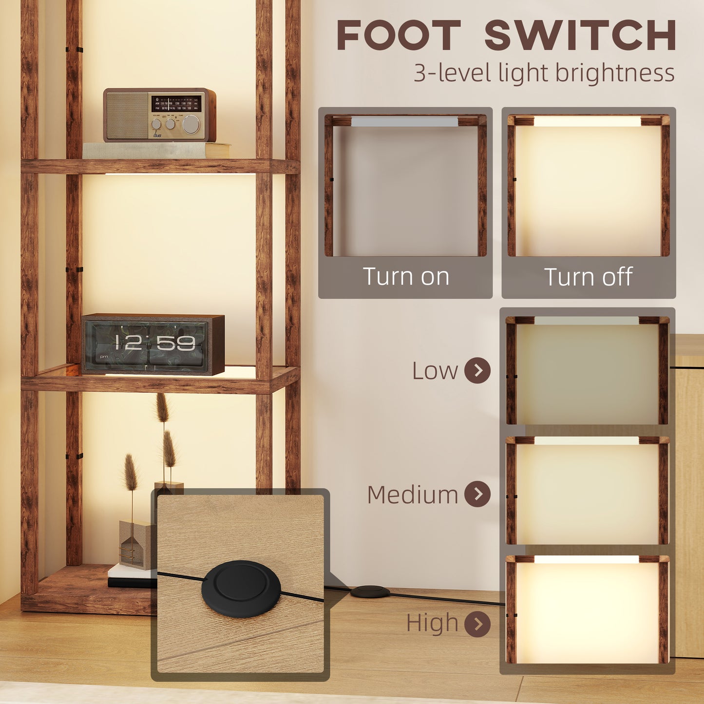 HOMCOM LED Floor Lamp with Glass Shelves, Dimmable 4-Layer Modern Standing Lamp for Living Room, Bedroom, Office, Rustic Brown