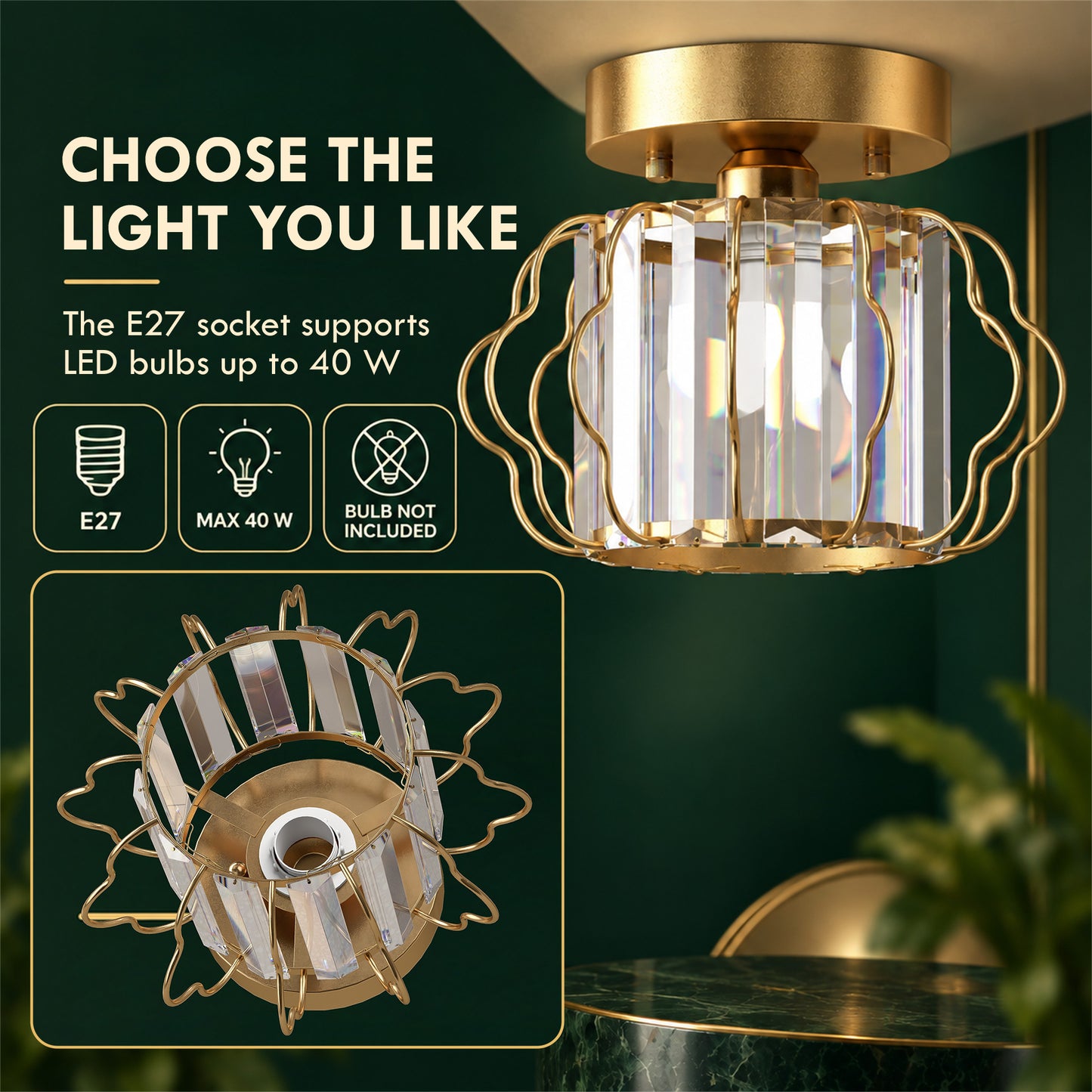 HOMCOM Crystal Ceiling Light Fixtures, Modern Semi-Flush Ceiling Lighting with Crystal Strips, 2 Pack, Gold Tone