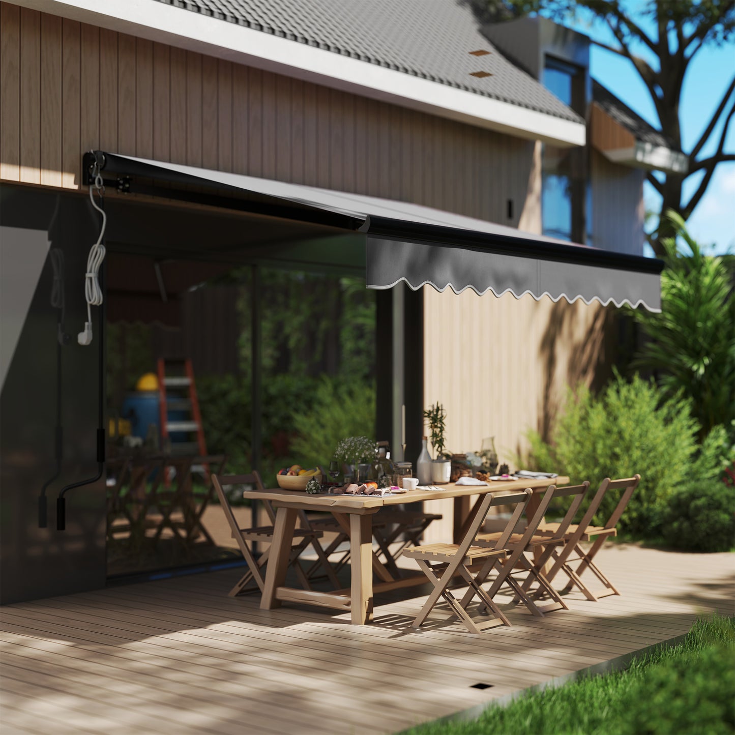 Outsunny 2.5x2m Electric Awning, LED Light & Remote, Aluminium Frame, UV50+ Canopy, Dark Grey