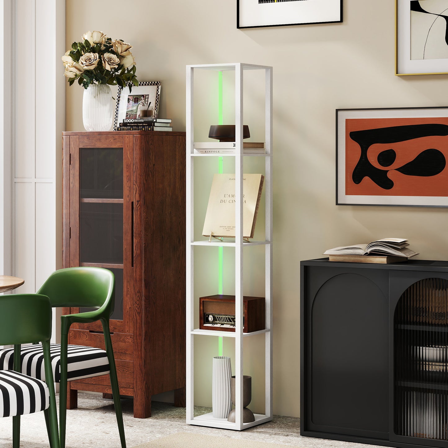 HOMCOM Floor Lamp with Shelves, RGB LED, Modern Dimmable with Remote Control, Adjustable Brightness & Speed for Living Room, Bedroom, Office, White