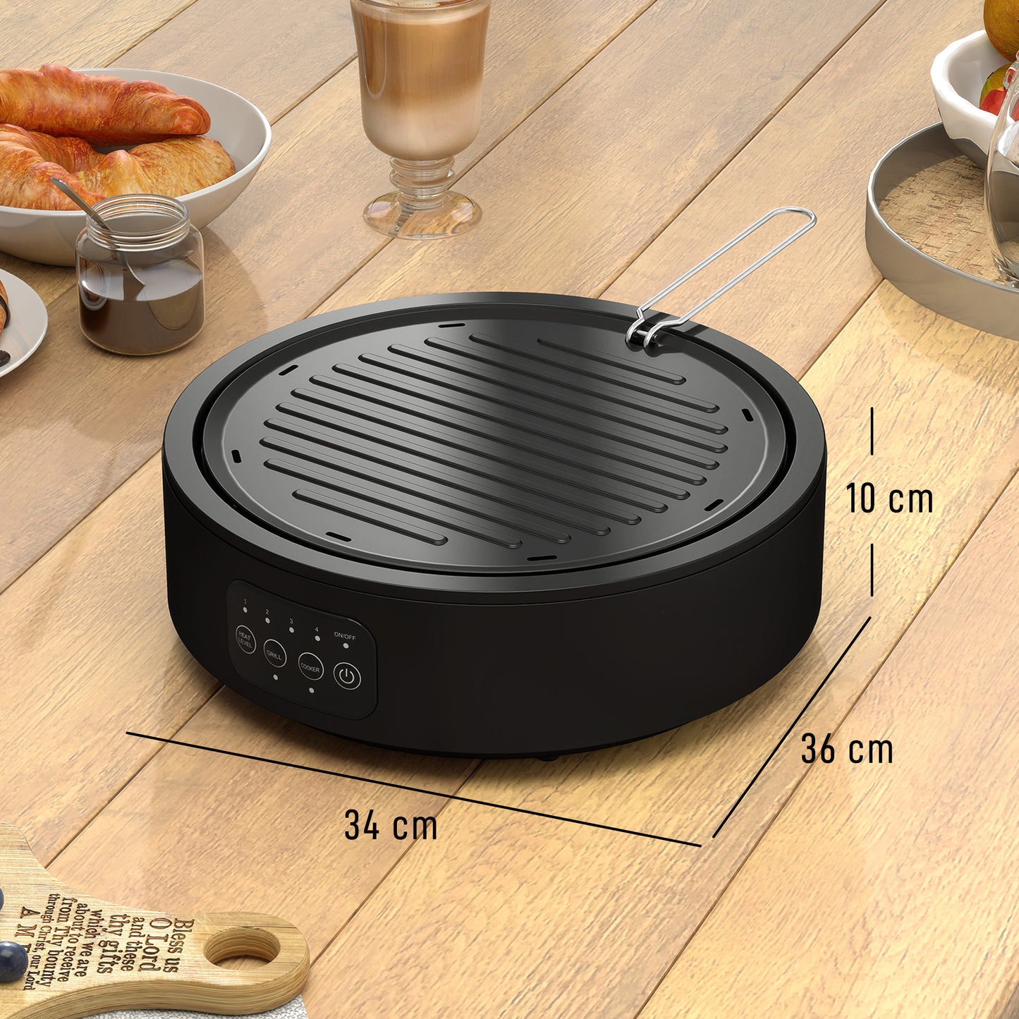 HOMCOM Electric Ceramic Hob with Grill Plate, Multifunctional 36cm Plug in Electric Hob with 4 Heat Levels for All Type Pot