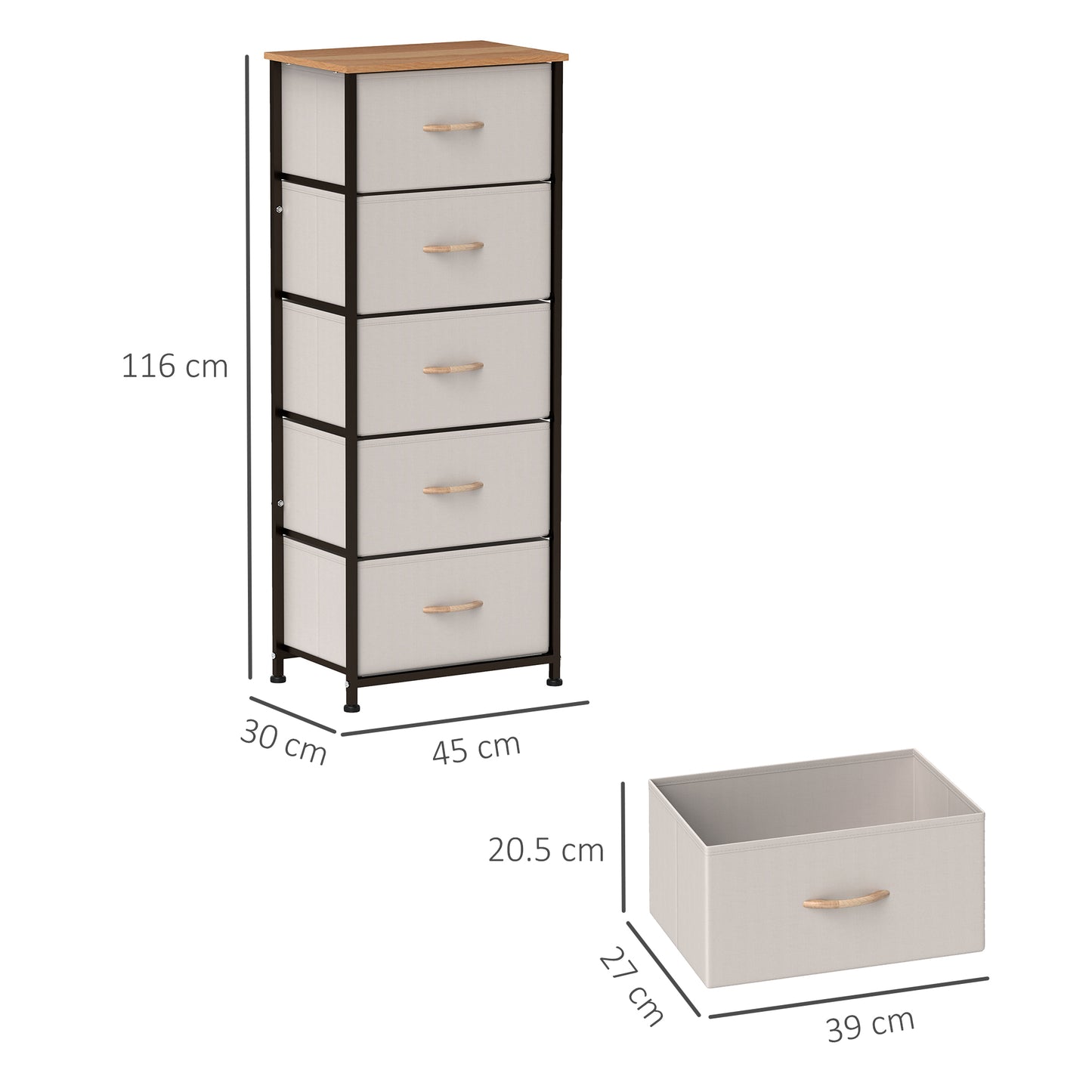 HOMCOM Chest of Drawers, Industrial Dresser with 5 Fabric Drawers, Steel Frame & Wooden Top for Bedroom, Nursery, Hallway, Cream White