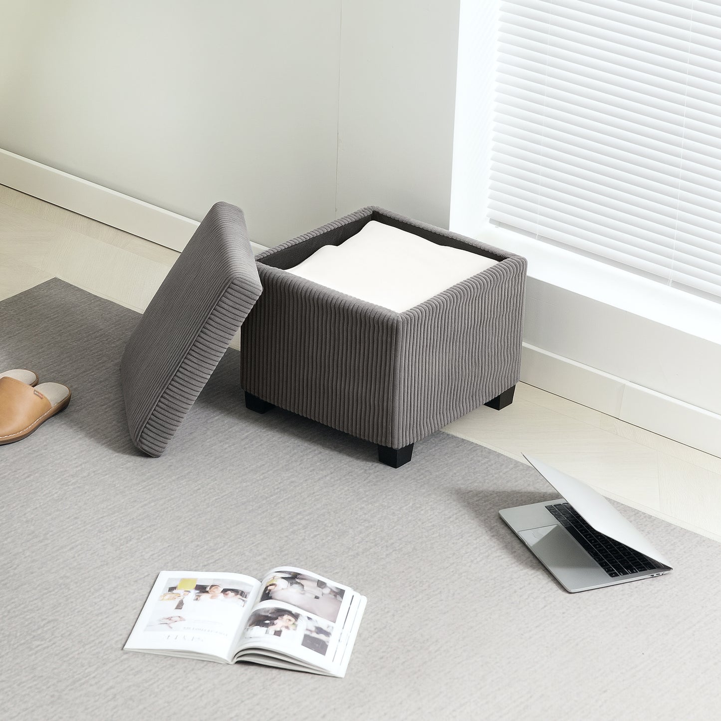 HOMCOM Storage Ottoman Bench, Corduroy Footstool with Removable Lid and Legs, 40cm Storage Chest Box for Living Room, Bedroom, Hallway, Grey