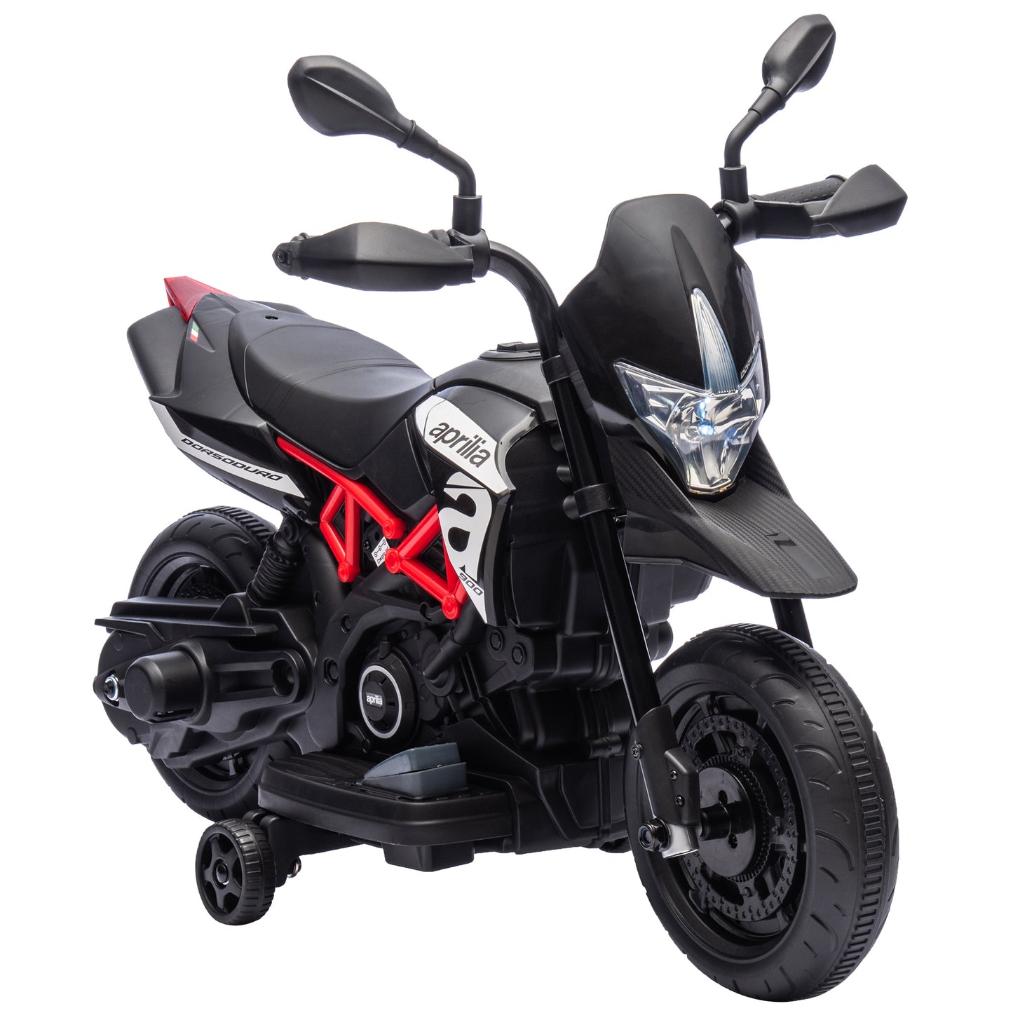 AIYAPLAY 6V Kids Electric Motorbike with Training Wheels, Headlight, Music, Horn for 80-110 cm Height, 18 Months-4 Years, Black