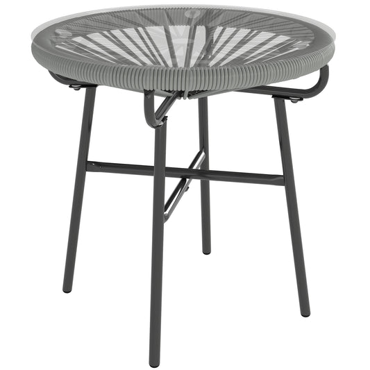 Outsunny Rattan Side Table, Round Outdoor Coffee Table, with Round PE Rattan and Tempered Glass Tabletop, Light Grey
