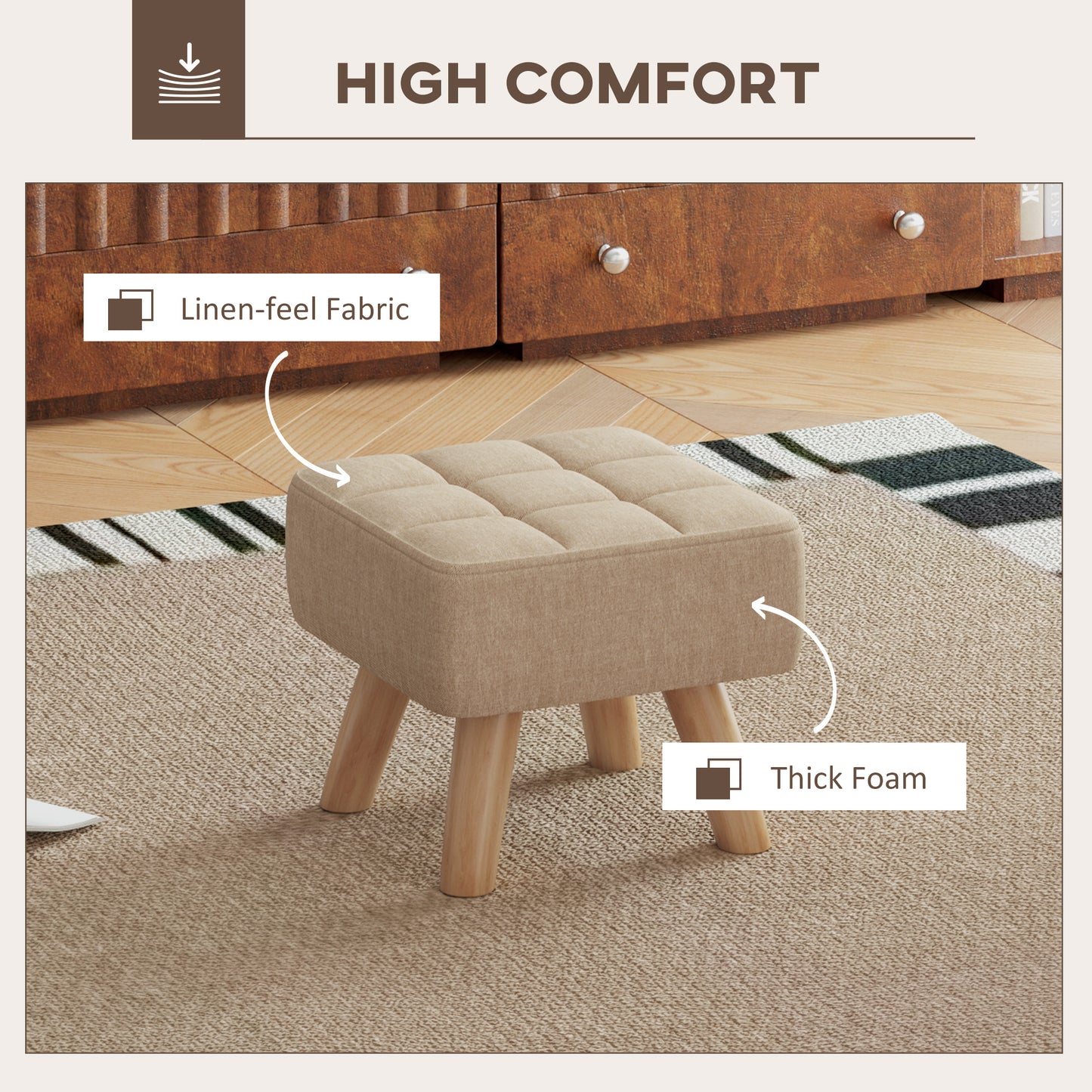 HOMCOM Modern Tufted Footstool, Fabric Foot Stool with Rubber Wood Legs, Padded Seat, for Living Room, Bedroom, Entryway, Light Brown