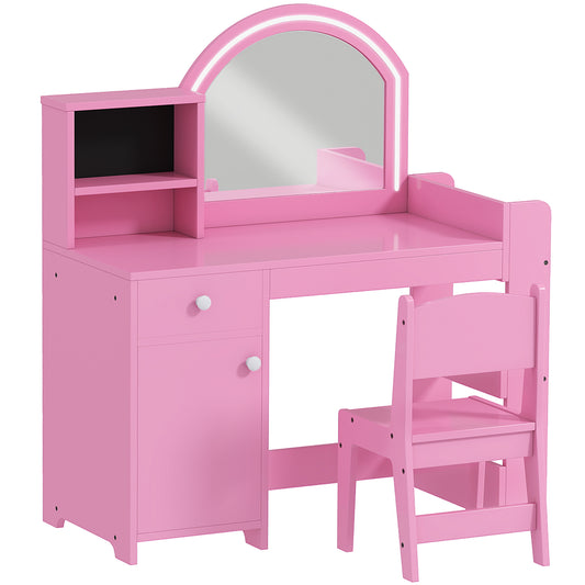 AIYAPLAY Kids Vanity Table and Chair Set, Girls Dressing Table with 2-Colour LED Mirror, Stool, Cabinet, Drawer, Shelves, Pink