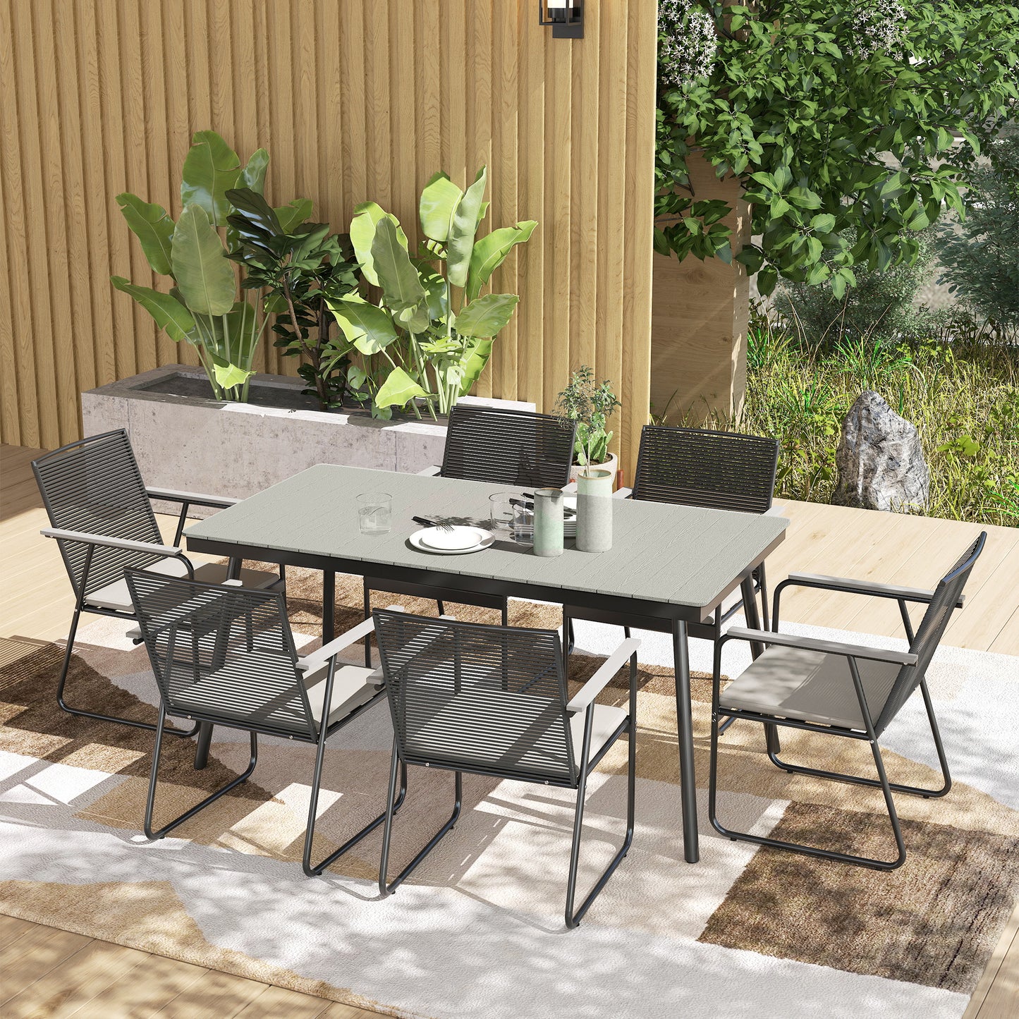 Outsunny 6 Seater Garden Dining Set, Soft Cushions, Rattan Backrest, Rectangular Plastic Top, Outdoor Furniture for Patio, Balcony, Poolside, Grey