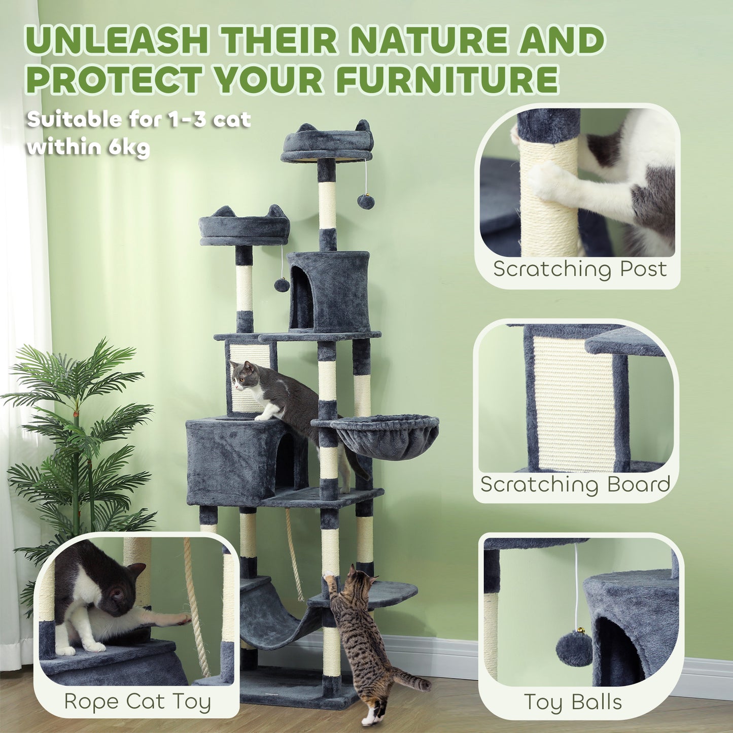 PawHut 206cm Cat Tree, Multi-Level Cat Tower with Scratching Posts and Board, Beds, Condos, Platforms, Toy Balls, Dark Grey