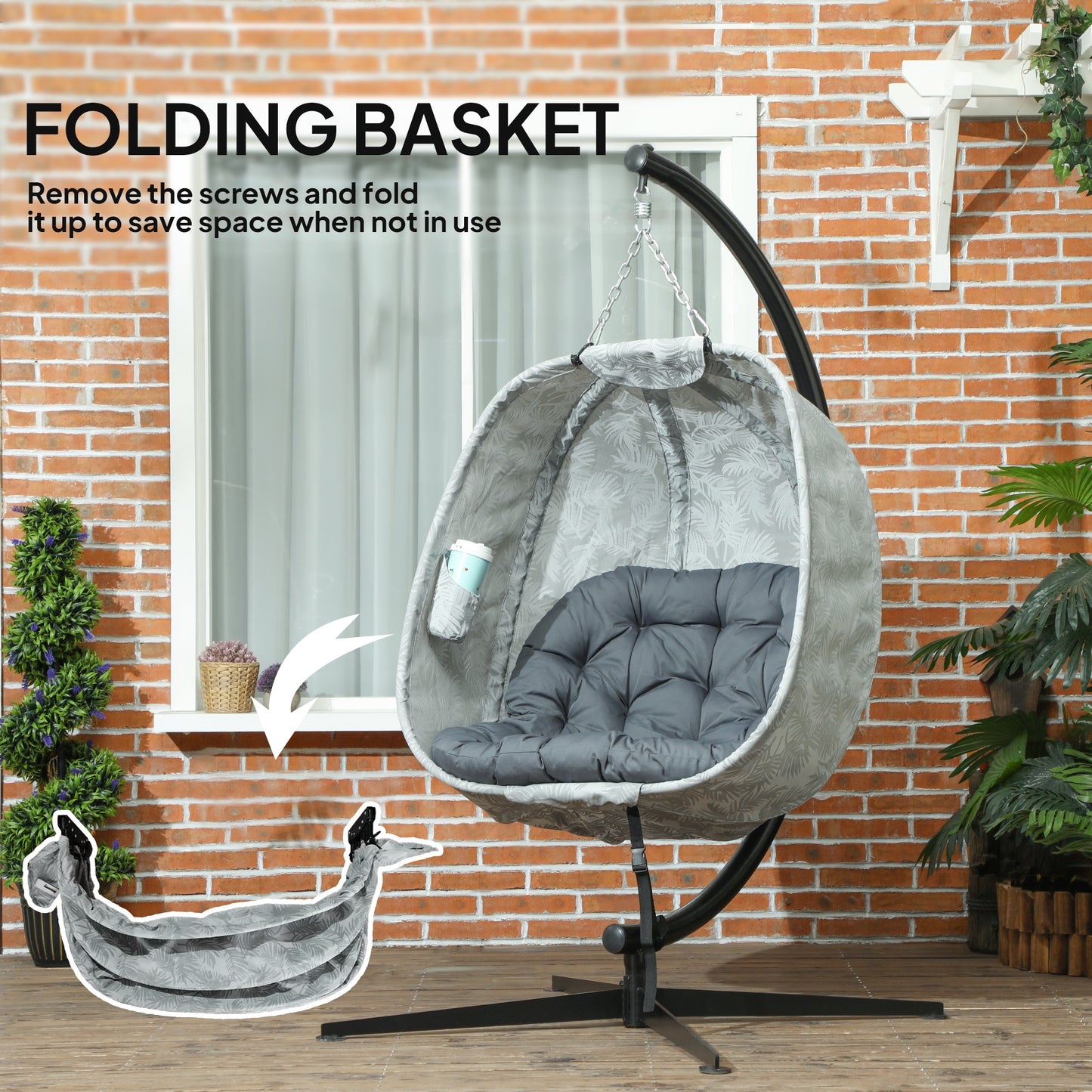 Outsunny Hanging Egg Chair: Outdoor/Indoor, Folding Basket, Stand, Thick Cushion, Cup Holder, Grey