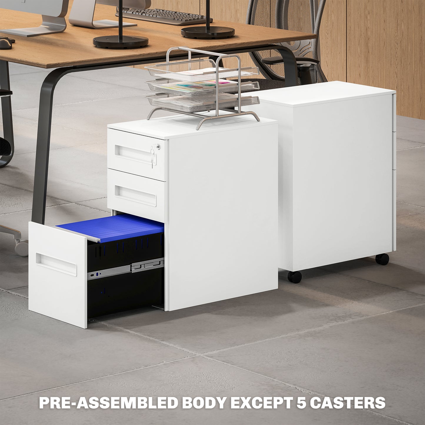 Vinsetto Metal Mobile File Cabinet with Wheels, Lockable 3 Drawer A4/Letter Under Desk Storage, Pre-Assembled, 30x43.5x60cm, White