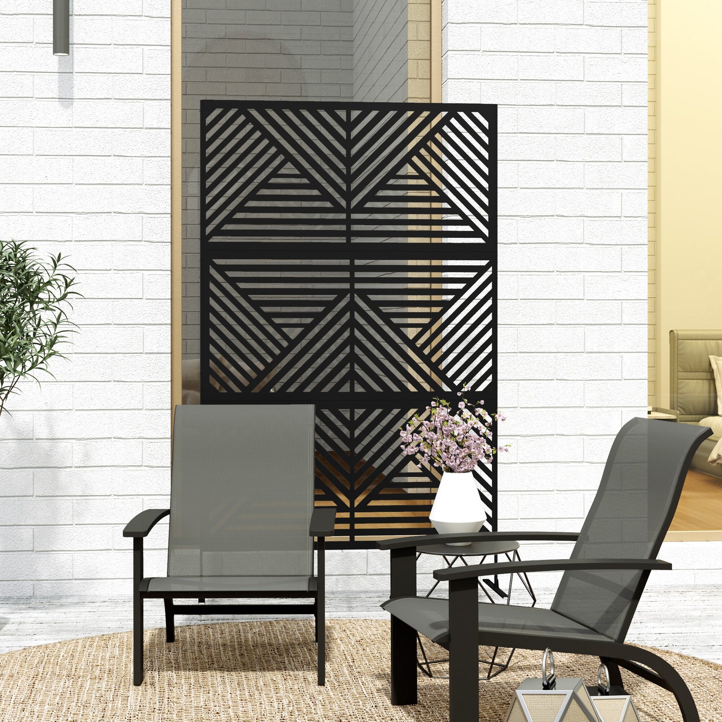 Outsunny Garden Privacy Screen with Stand, 6.5FT Freestanding Metal Divider, Rhombus Style with Screws for Pool/Hot Tub, Black