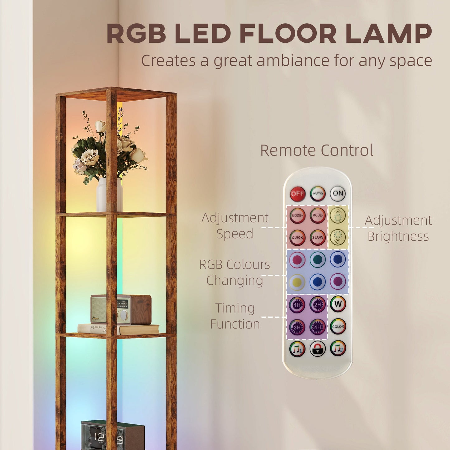 HOMCOM RGB LED Floor Lamp with Shelves, Modern Dimmable Light, Remote Control, Adjustable Brightness & Speed for Living Room, Rustic Brown