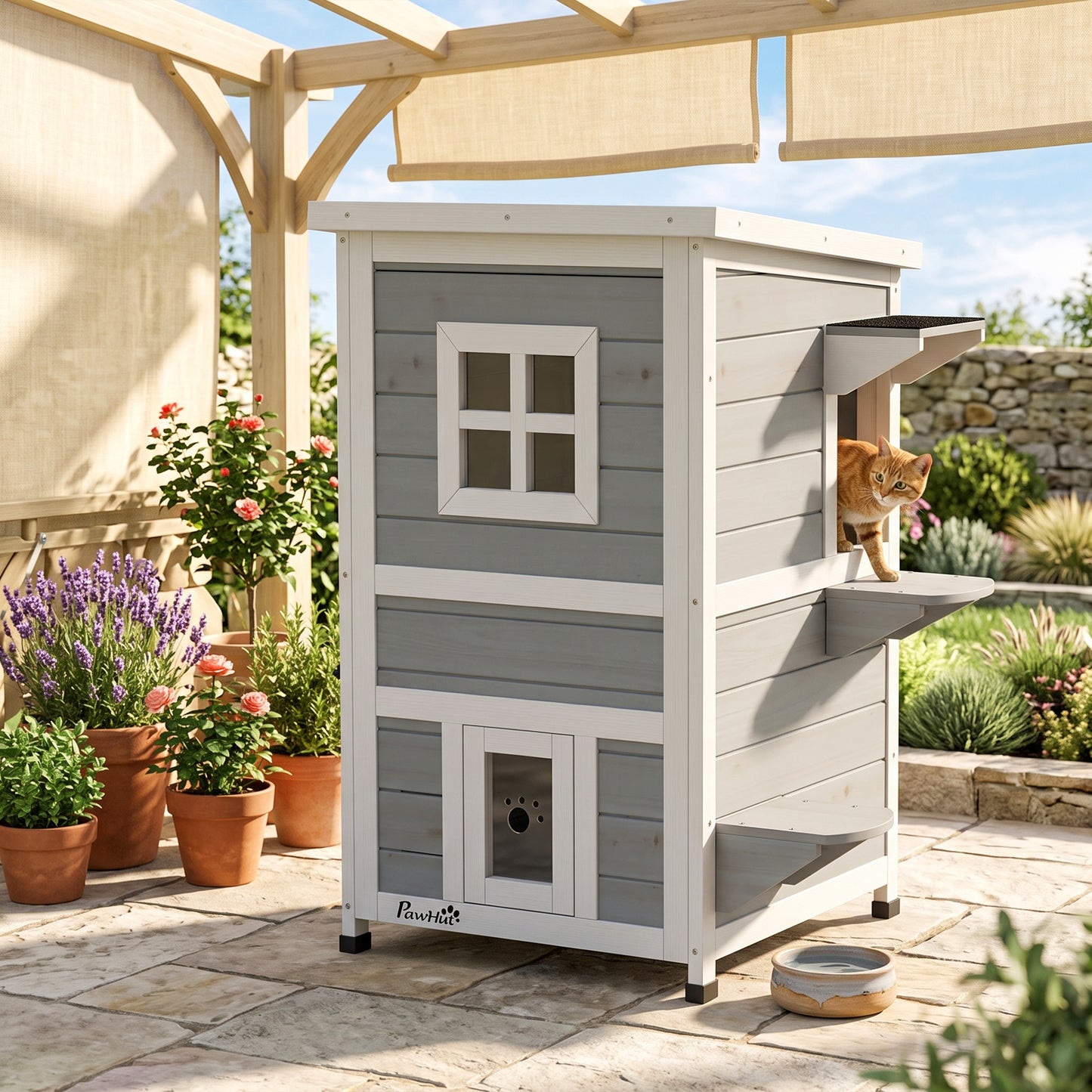 PawHut Wooden Cat House 2-Floor Outdoor Kitten Shelter with 3 Doors and Window Grey