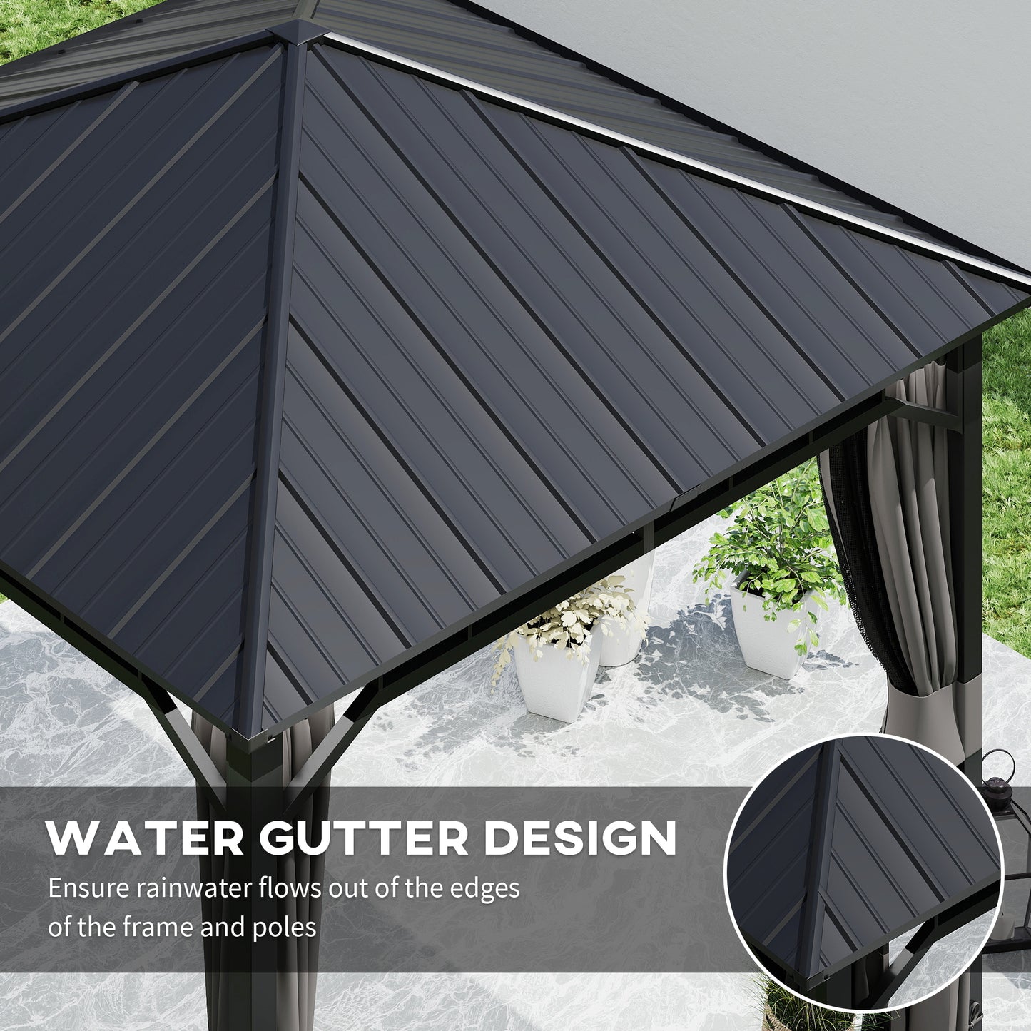 Outsunny Hardtop Gazebo, 3x3m, Steel Roof, Water Gutter, Waterproof Pavilion with Netting/Curtains for Patio/Deck, Garden Gazebo, Black