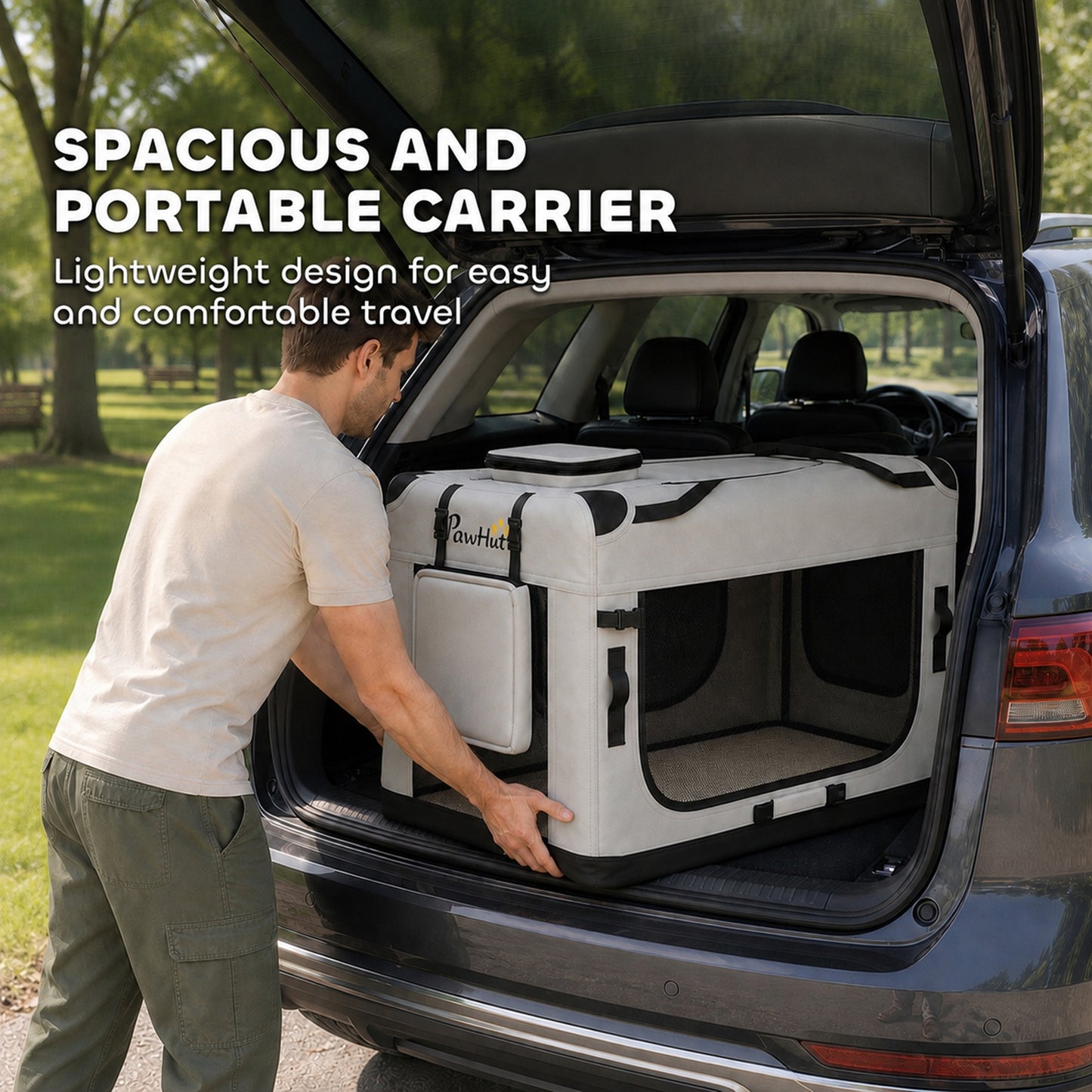 PawHut Pet Carrier Bag, Soft-Sided Dog Carrier with Security Buckle Strap, Washable Cushion and Folded Bowl, Light Grey