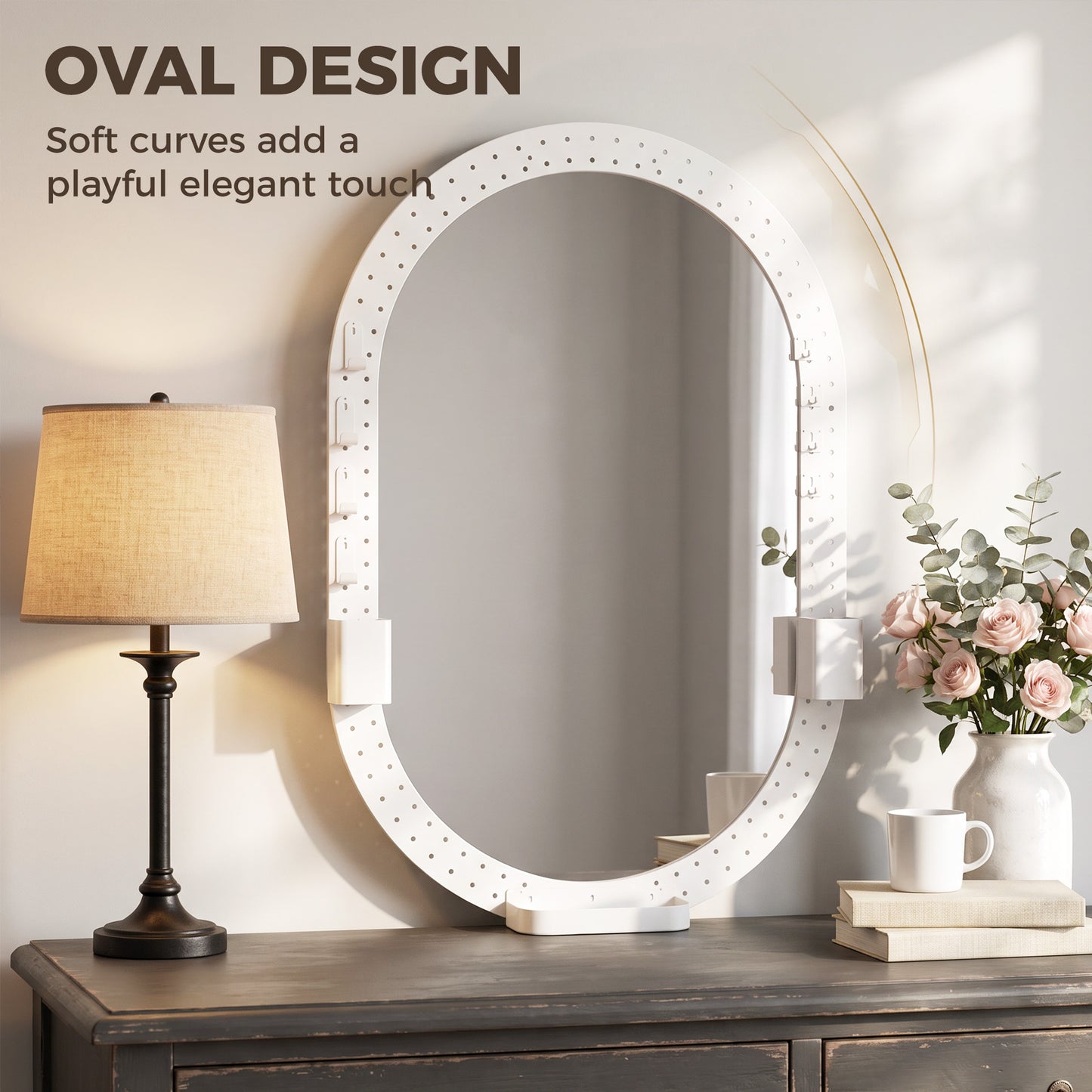 HOMCOM Oval Wall Mirror, 60 x 90 cm Decorative Hanging Mirror with Pegboard Frame, Wall-Mounted, White