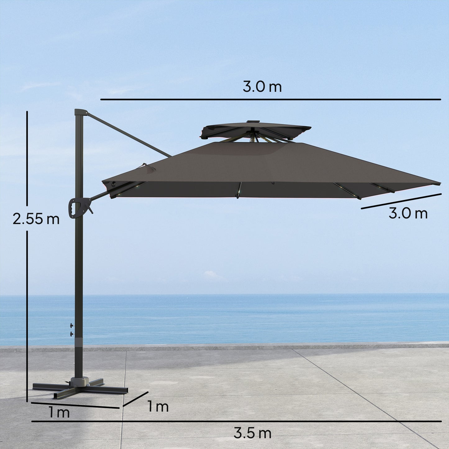 Outsunny Garden Cantilever Parasol w/ Solar LED Lights, Aluminium Patio Umbrella, UPF50+ Shade, Cross Base, Crank & Tilt, 3.5x3 m, Grey