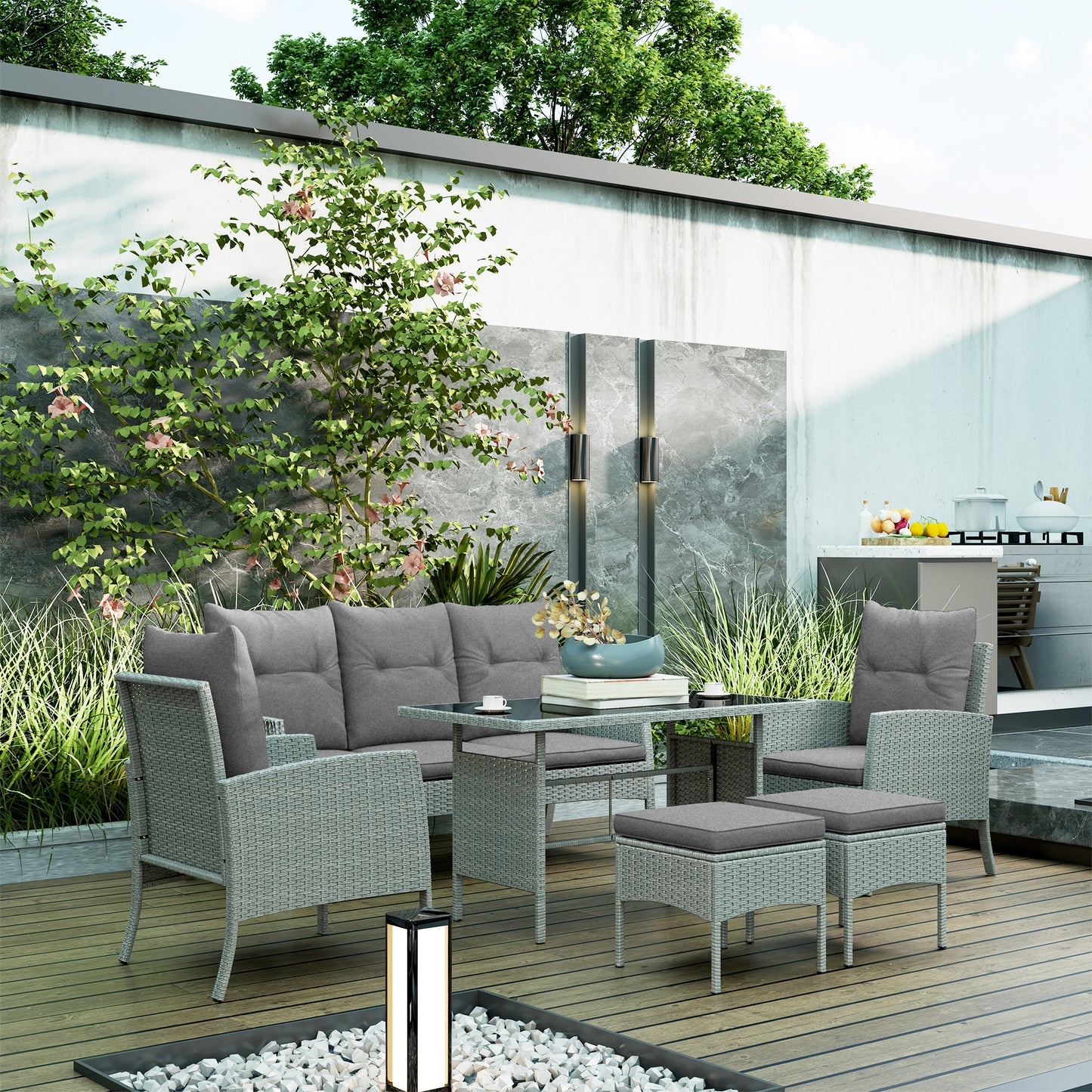 Outsunny 5 Seater Rattan Furniture Set: 2 Armchairs, 3-Seater Sofa, 2 Footstools, Table, Grey Cushions