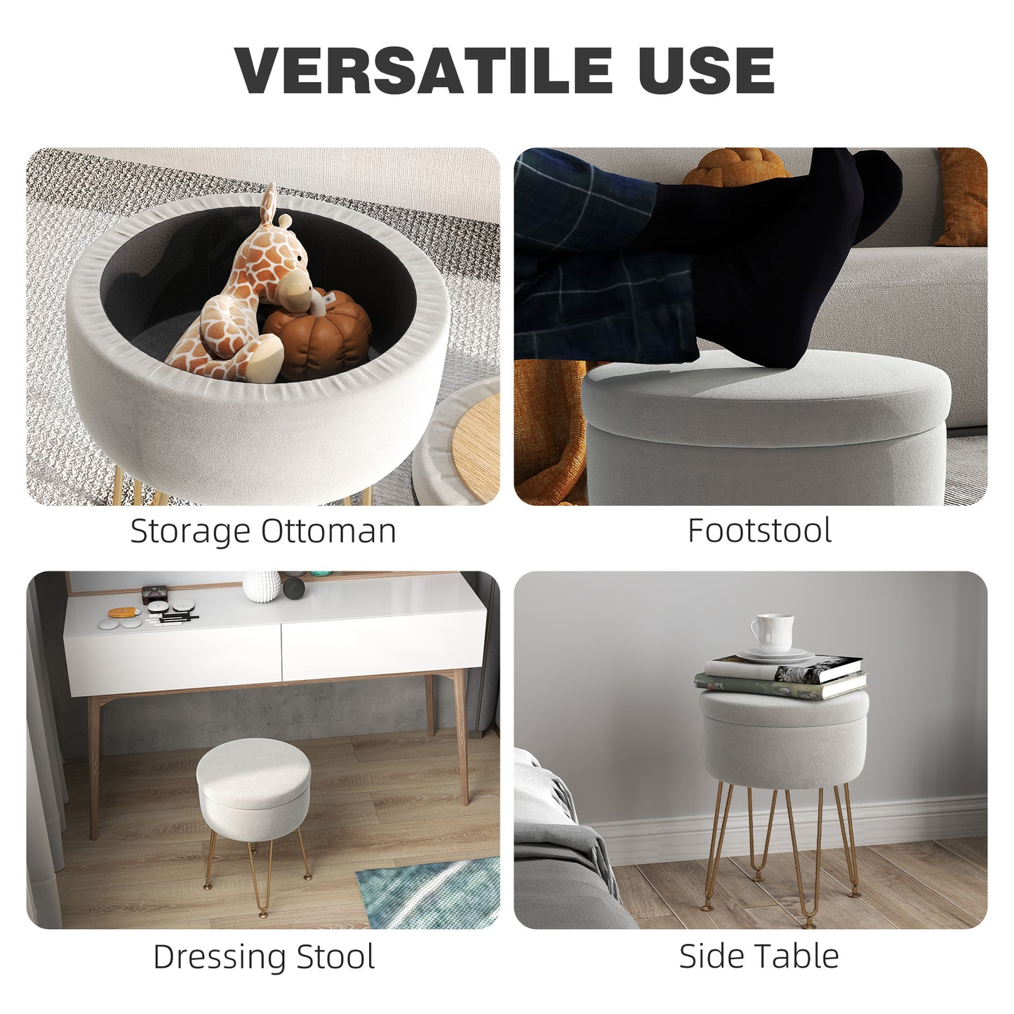 HOMCOM 5L Velvet-Feel Storage Ottoman - Cream White