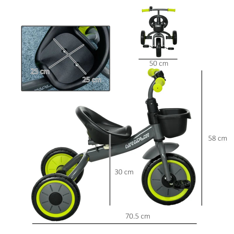 AIYAPLAY Kids Trike, Tricycle, with Adjustable Seat, Basket, Bell, for Ages 2-5 Years - Black