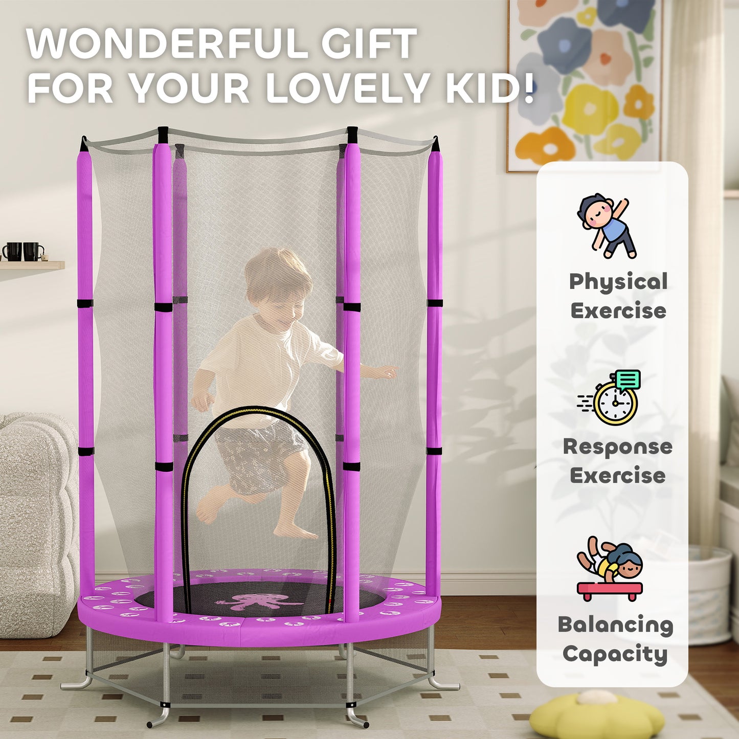 AIYAPLAY 4.6FT Toddler Trampoline w/ Safety Enclosure Net, for Indoor Outdoor Use, Ages 3-6 Years, Octopus Pattern - Purple