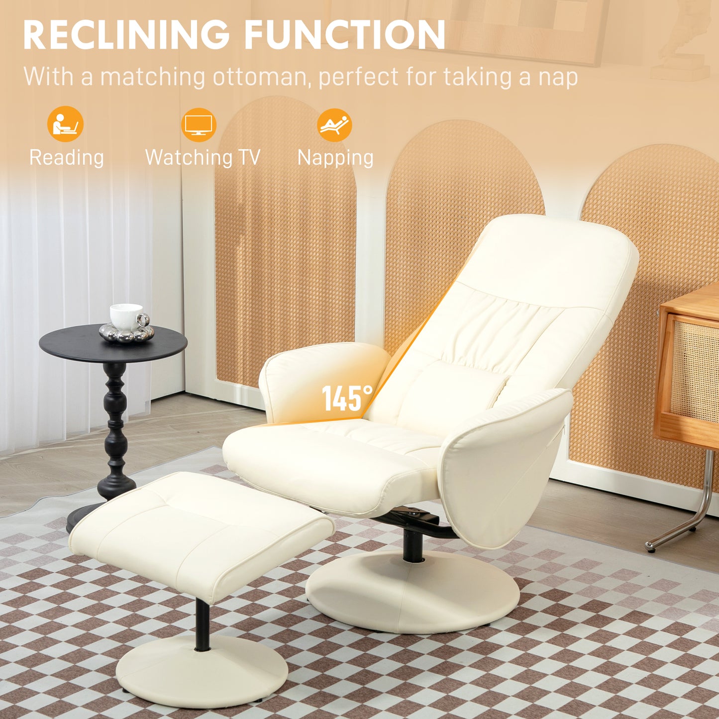 HOMCOM Swivel Recliner Chair with Footstool, PU Leather Armchair and Ottoman with High Back and Round Base for Living Room, Cream White