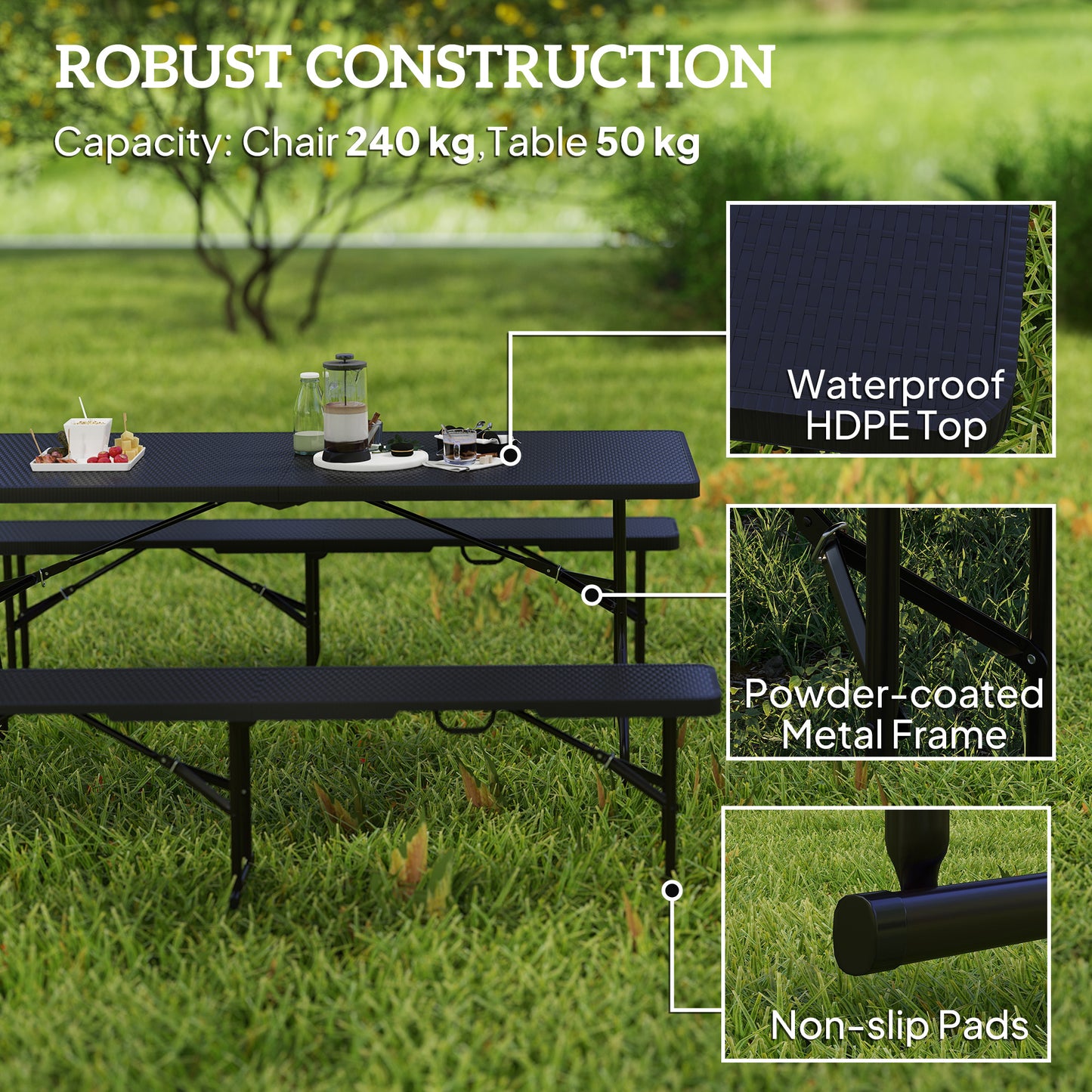 Outsunny Folding Picnic Table & Bench Set, Rattan Effect Portable Camping Table & Chairs with Handles, for Indoor/Outdoor, Black