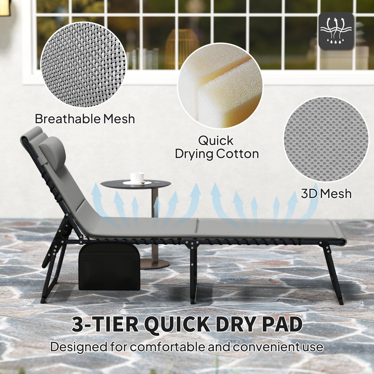 Outsunny Folding Sun Loungers Set of 2, Recliner Garden Chairs w/ Quick Dry Pad, Headrest, Light Grey